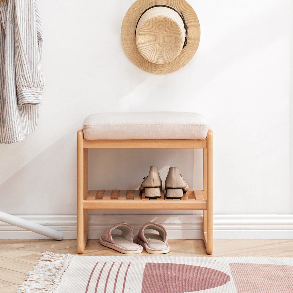 Natural Wood Shoe Bench with Beech Storage and High Rebound Sponge Cushion