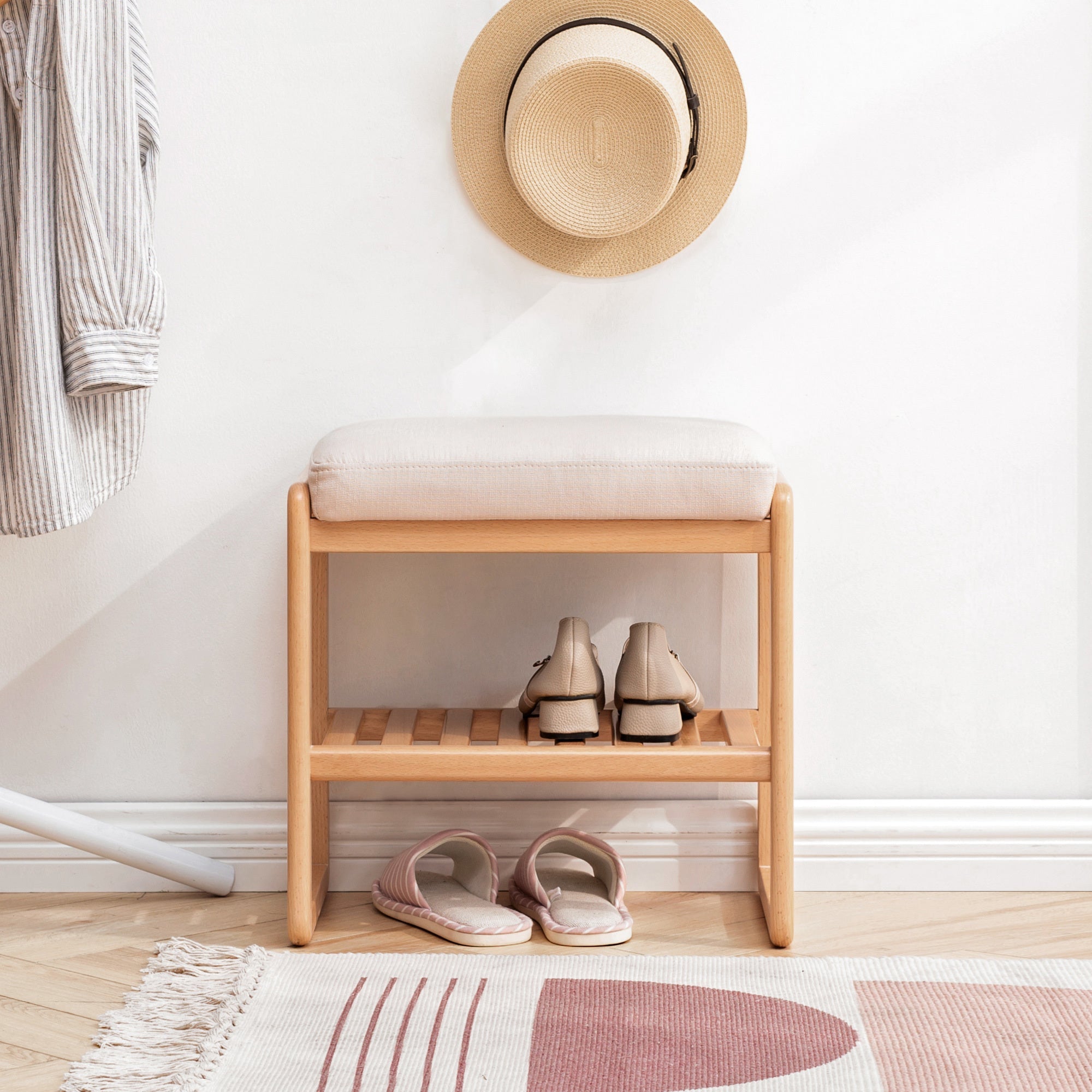 Natural Wood Shoe Bench with Beech Storage and High Rebound Sponge Cushion