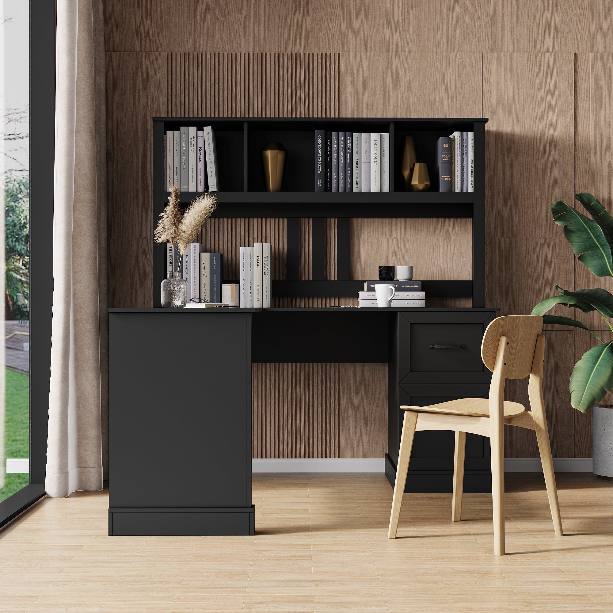 Space-Saving Home Office Computer Workstation with Storage Shelves