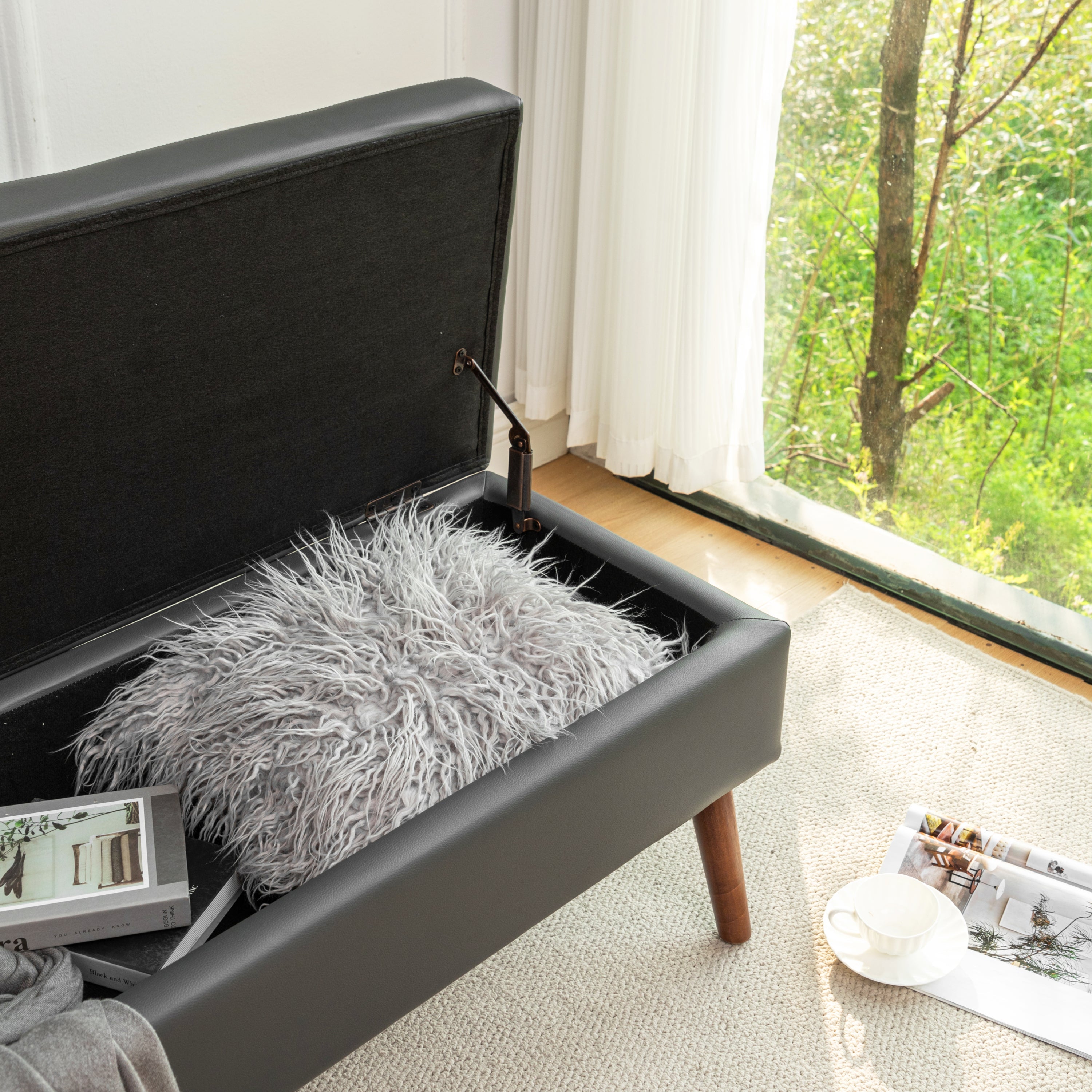 Brown PU Leather Storage Bench