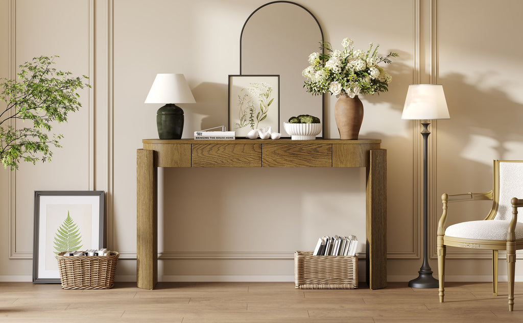 Natural Wood Console Table with Fluted Design