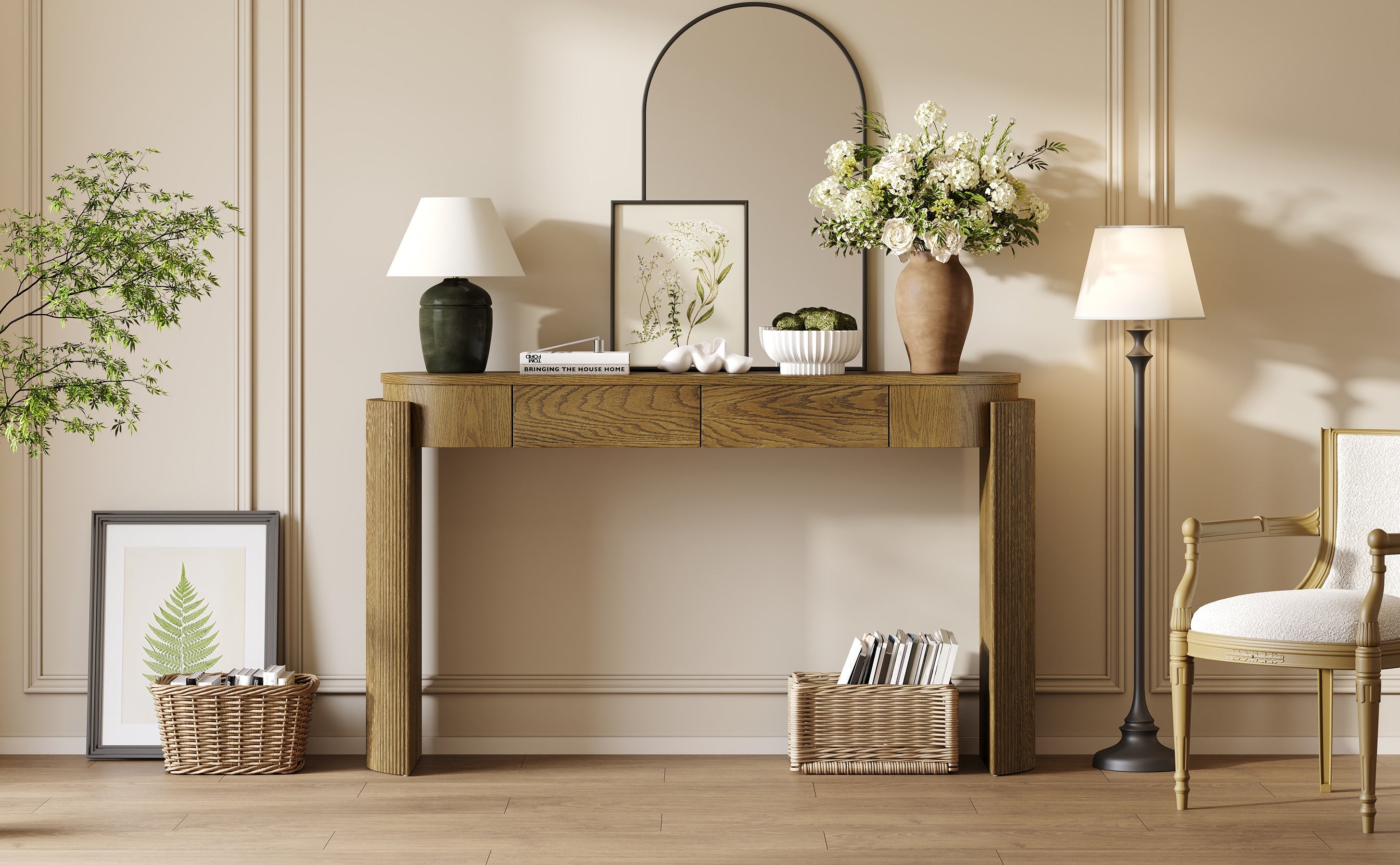Natural Wood Console Table with Fluted Design