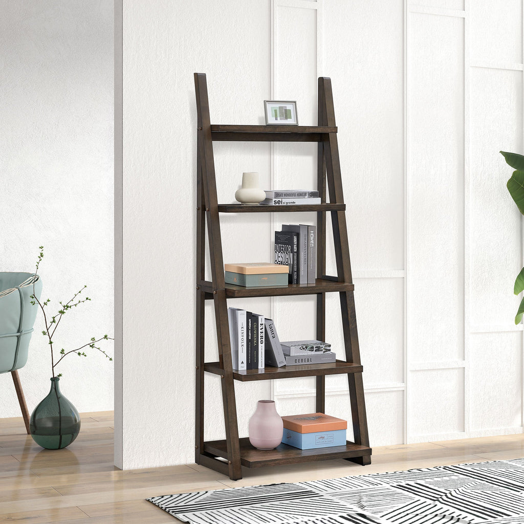5-Tier Storage Rack Bookshelf with Rubber Wood Frame