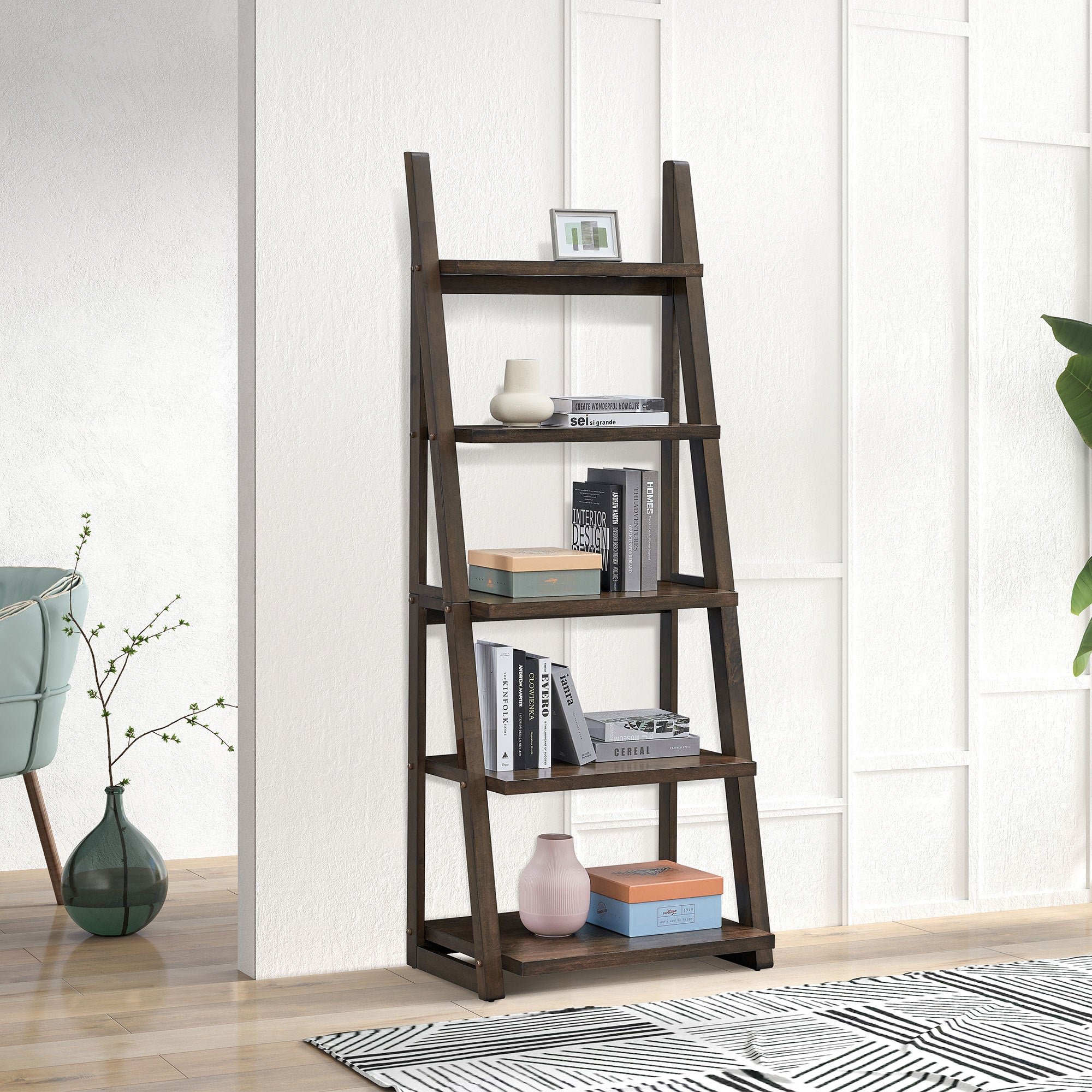 5-Tier Storage Rack Bookshelf with Rubber Wood Frame