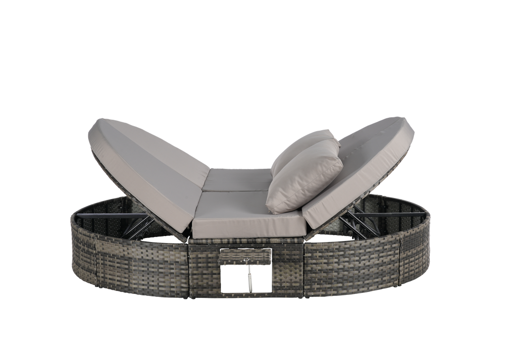 Round outdoor patio daybed with adjustable backrests foldable cup trays and cushioned wicker design ideal for backyard and poolside lounging