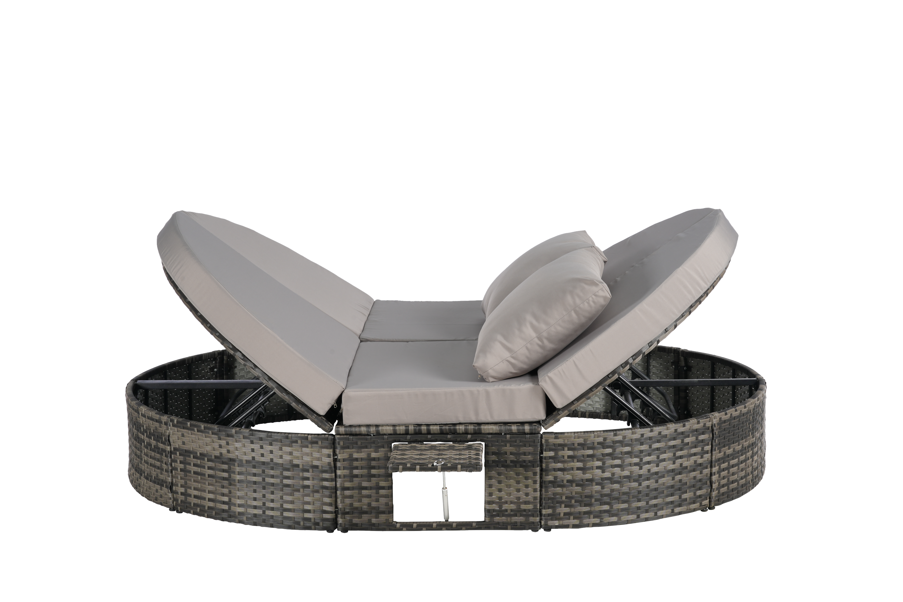Round outdoor patio daybed with adjustable backrests foldable cup trays and cushioned wicker design ideal for backyard and poolside lounging