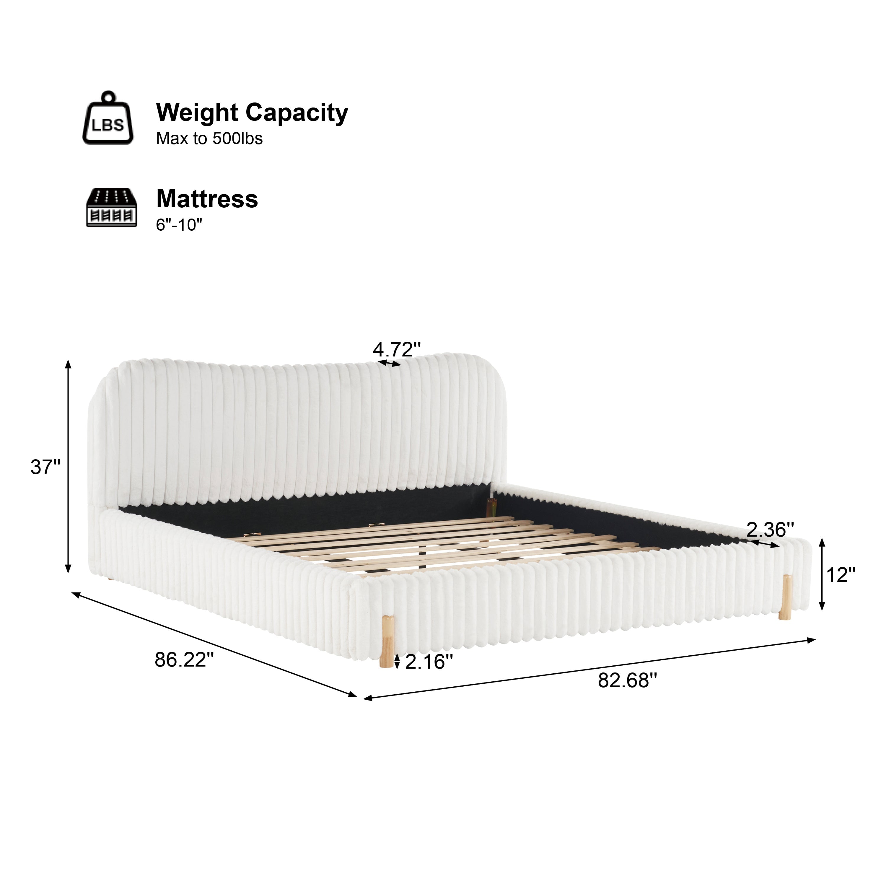 Sleek White Boucle Upholstered Bed with Wavy Headboard