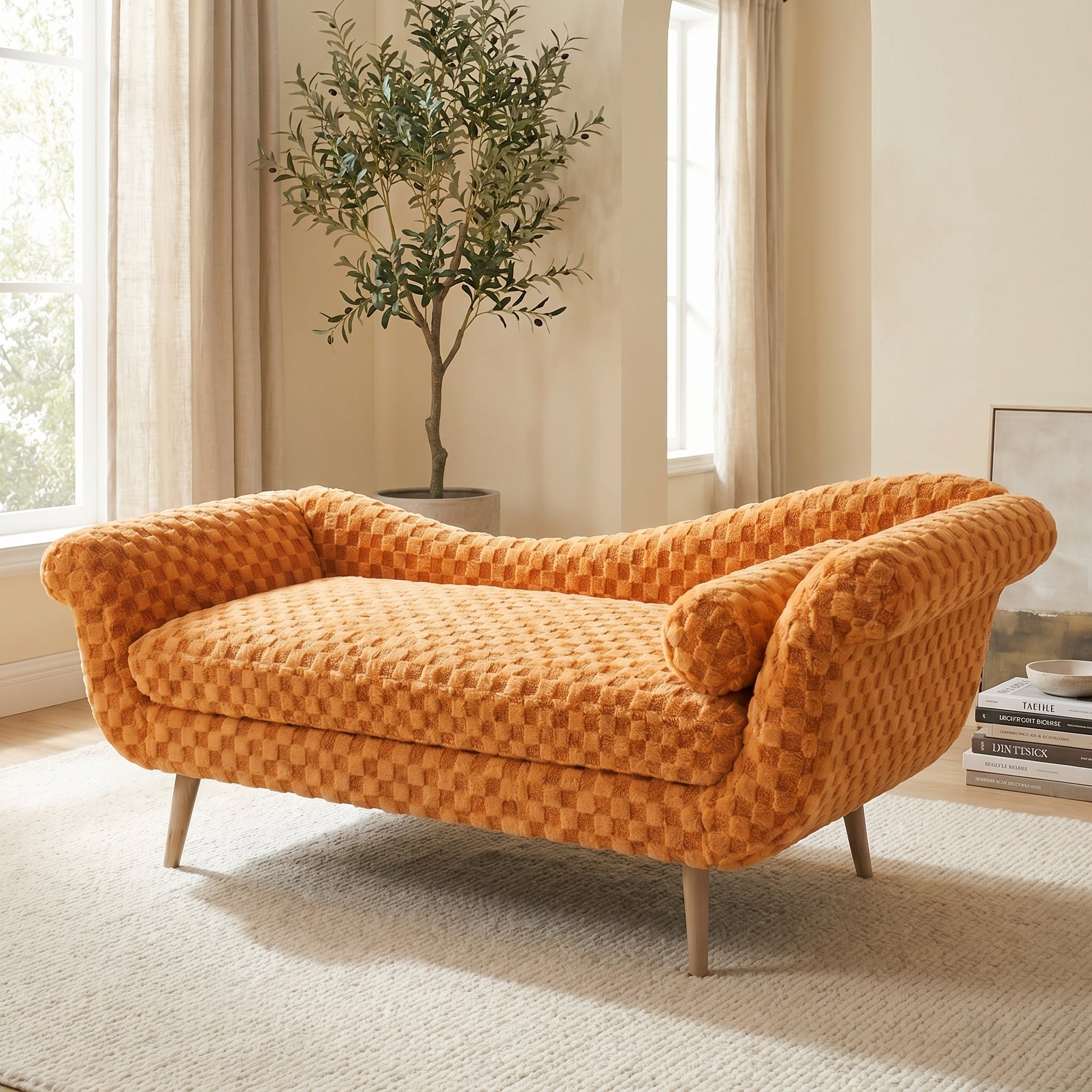 Classic Diamond Pattern Fabric Paired with Elegant Scroll Arms