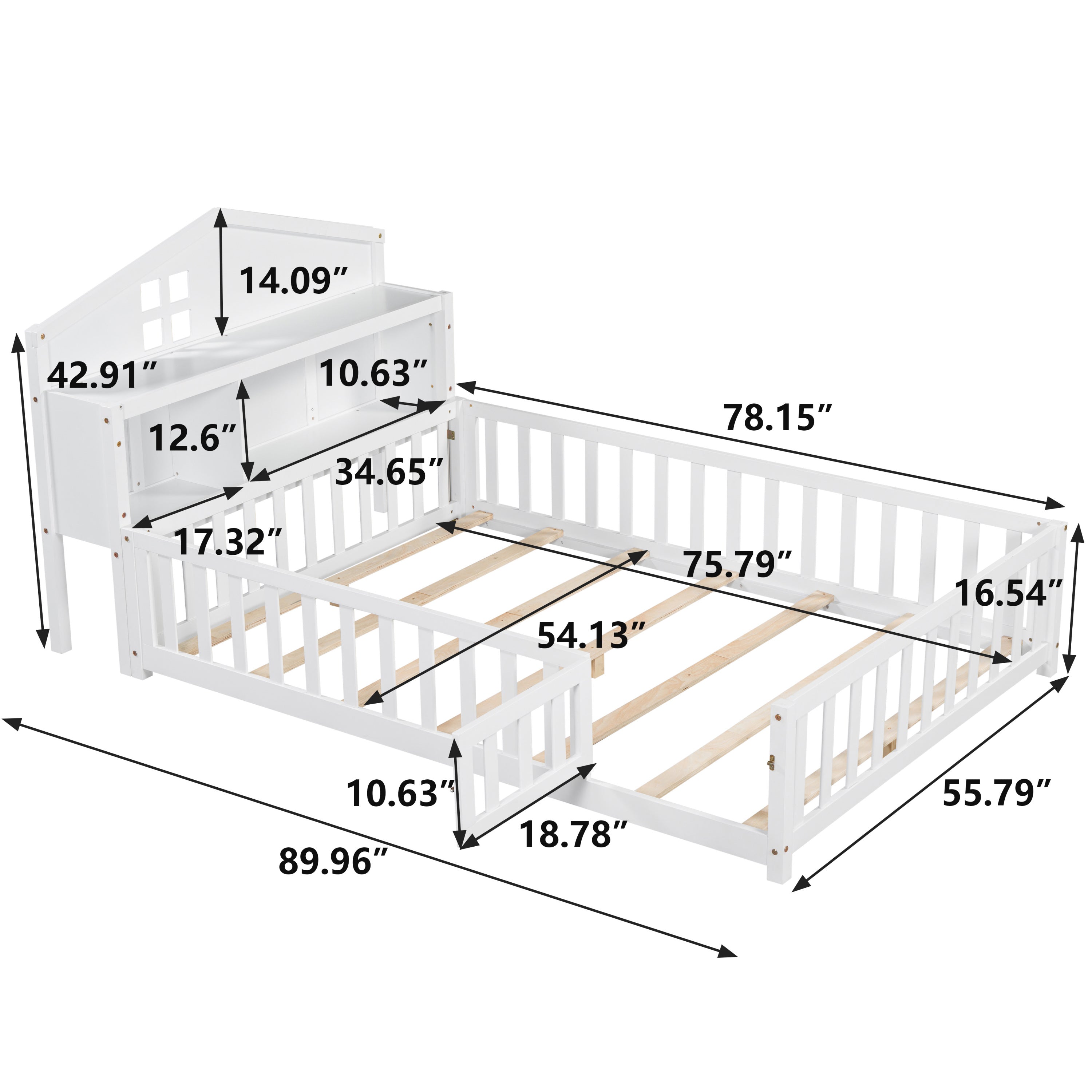 Full-size Montessori Floor Bed with Bookcases and Blackboards