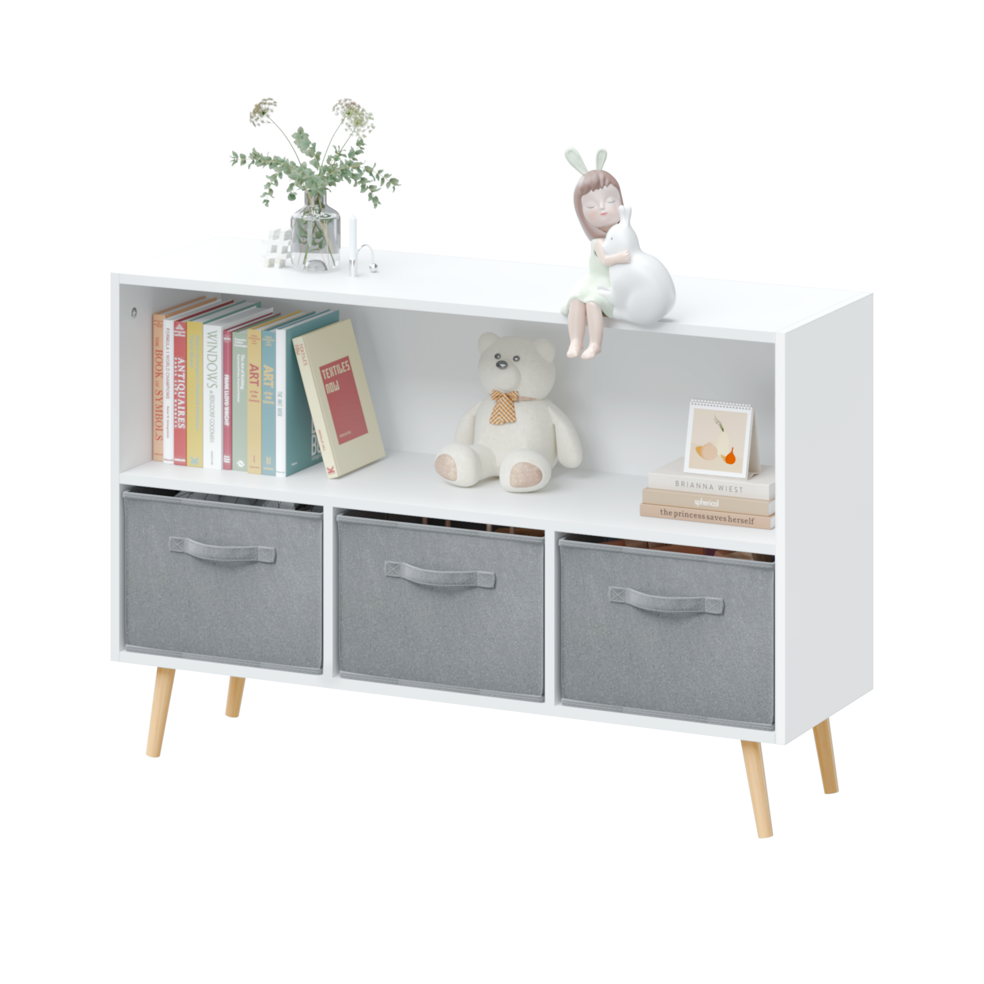 Children's Book Display Kids Bookcase with 3 Fabric Bins