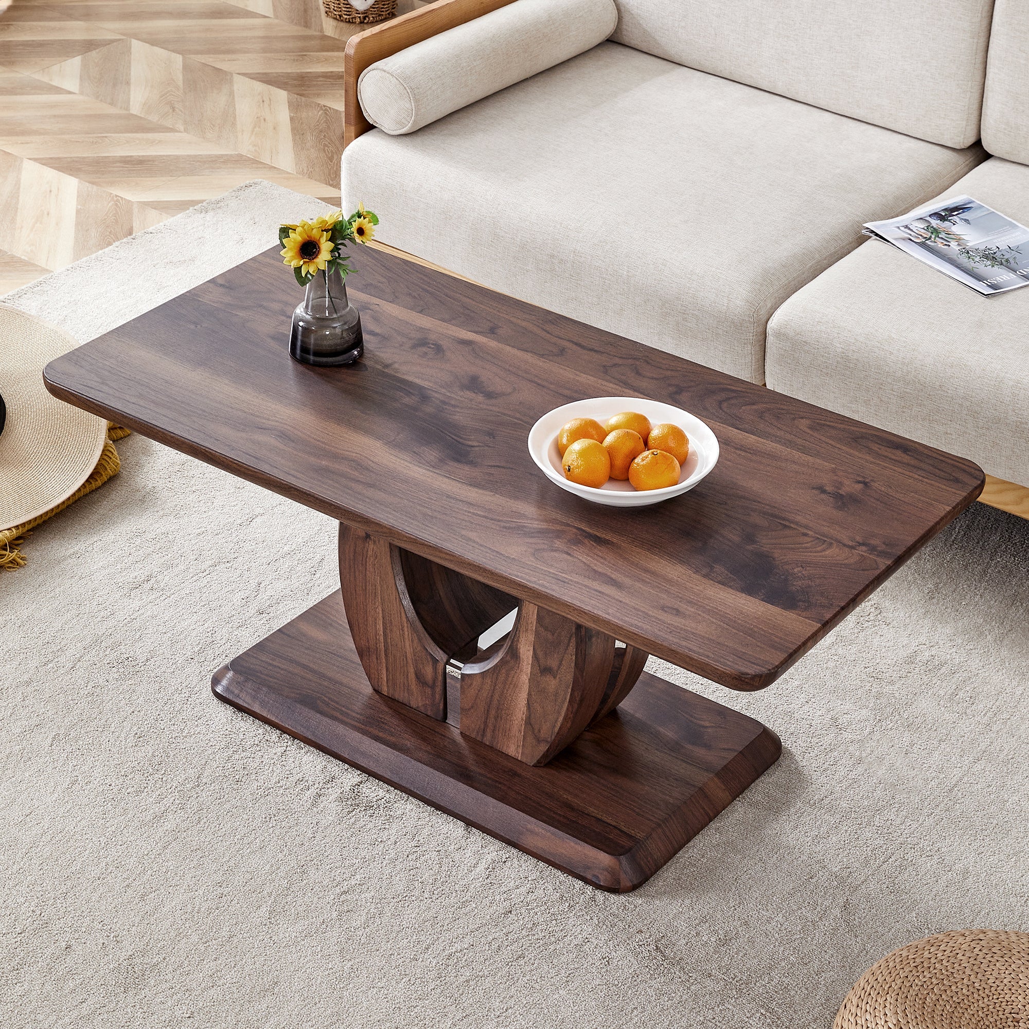 Modern Minimalist Walnut Dark Brown Rectangular Coffee Table