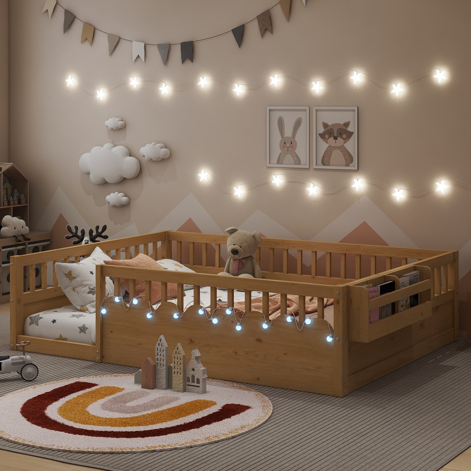 Twin/Full Montessori Floor Kids Bed Frame with High Rails