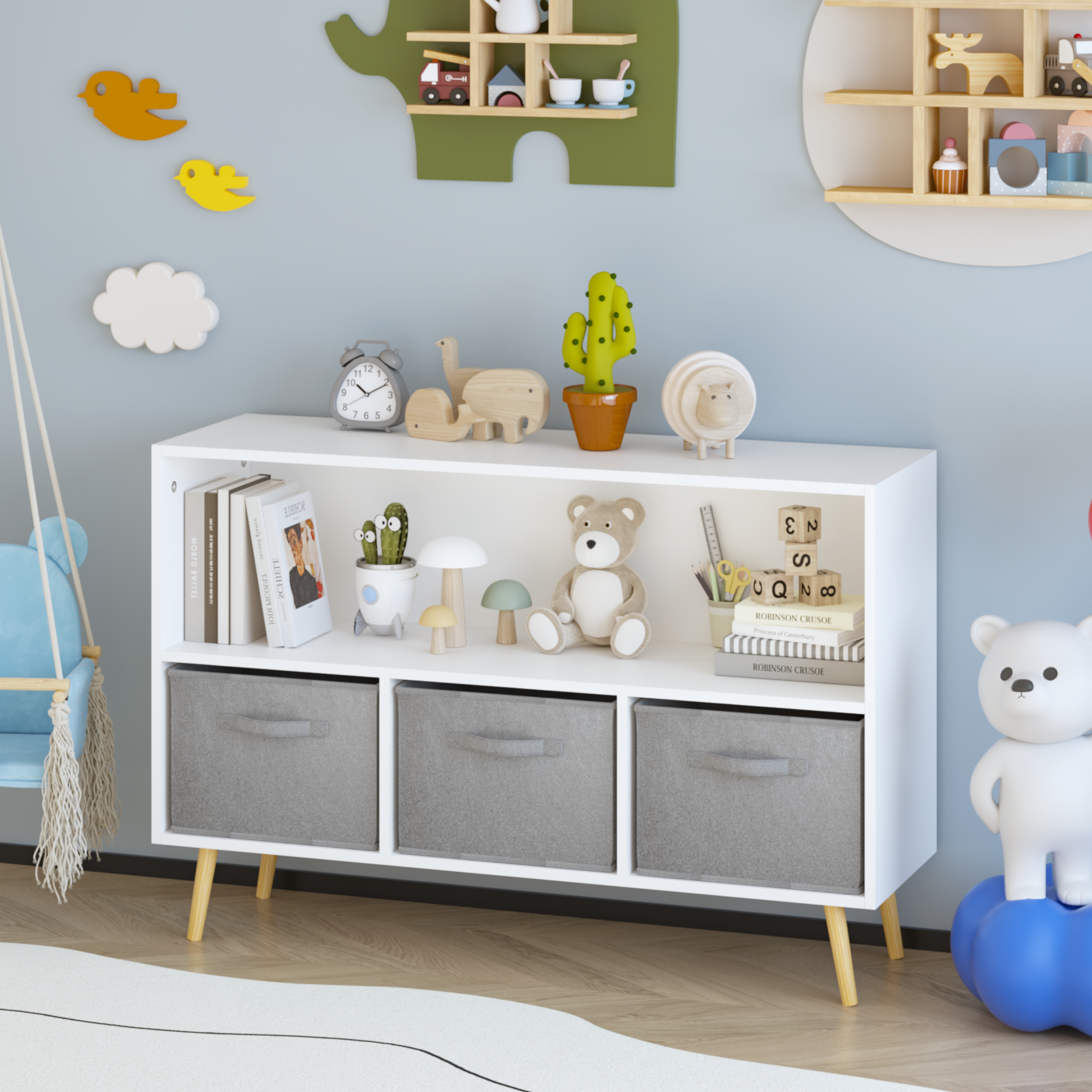 Children's Book Display Kids Bookcase with 3 Fabric Bins