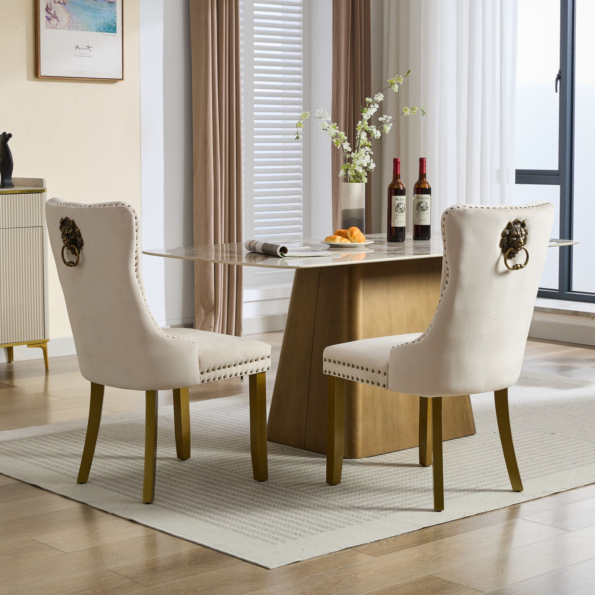 Mid-Century Velvet Dining Chairs with Lion Head Pull Ring (Set of 2)