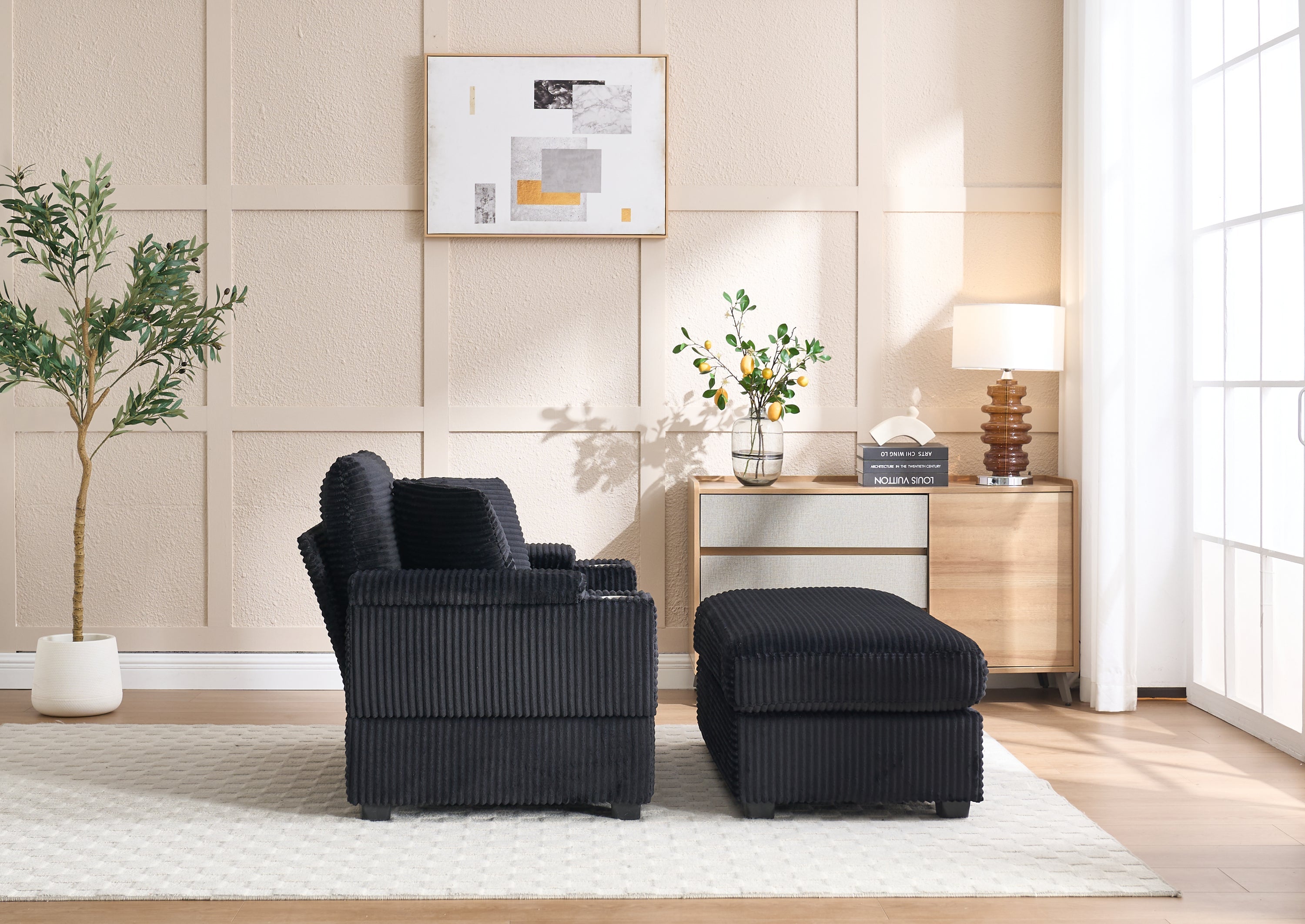 Corduroy Upholstered Chaise Lounge Sofa with Handrail Storage