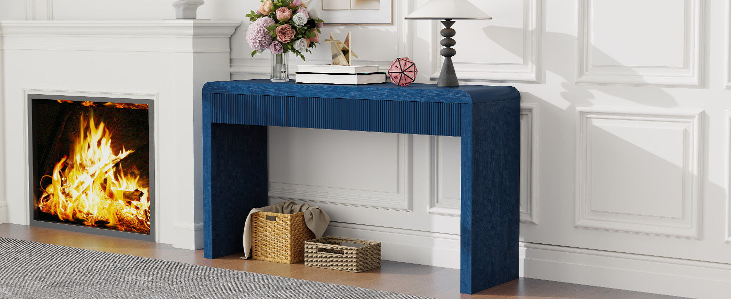 Rustic Solid Wood Veneer Entryway Table with 3 Fluted Drawers