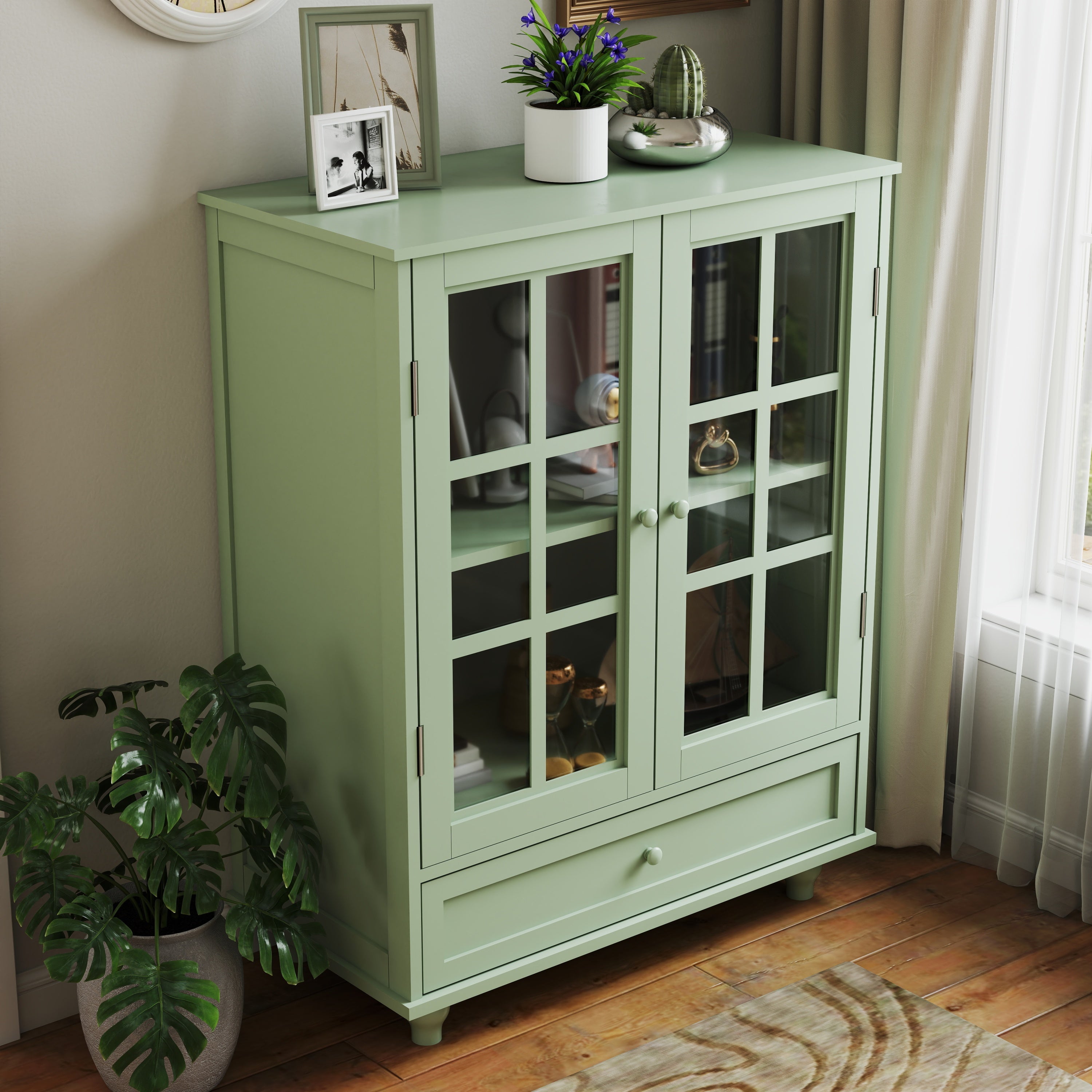 Minimalism Buffet Cabinet with Double Glass Doors and Drawer Mint Green