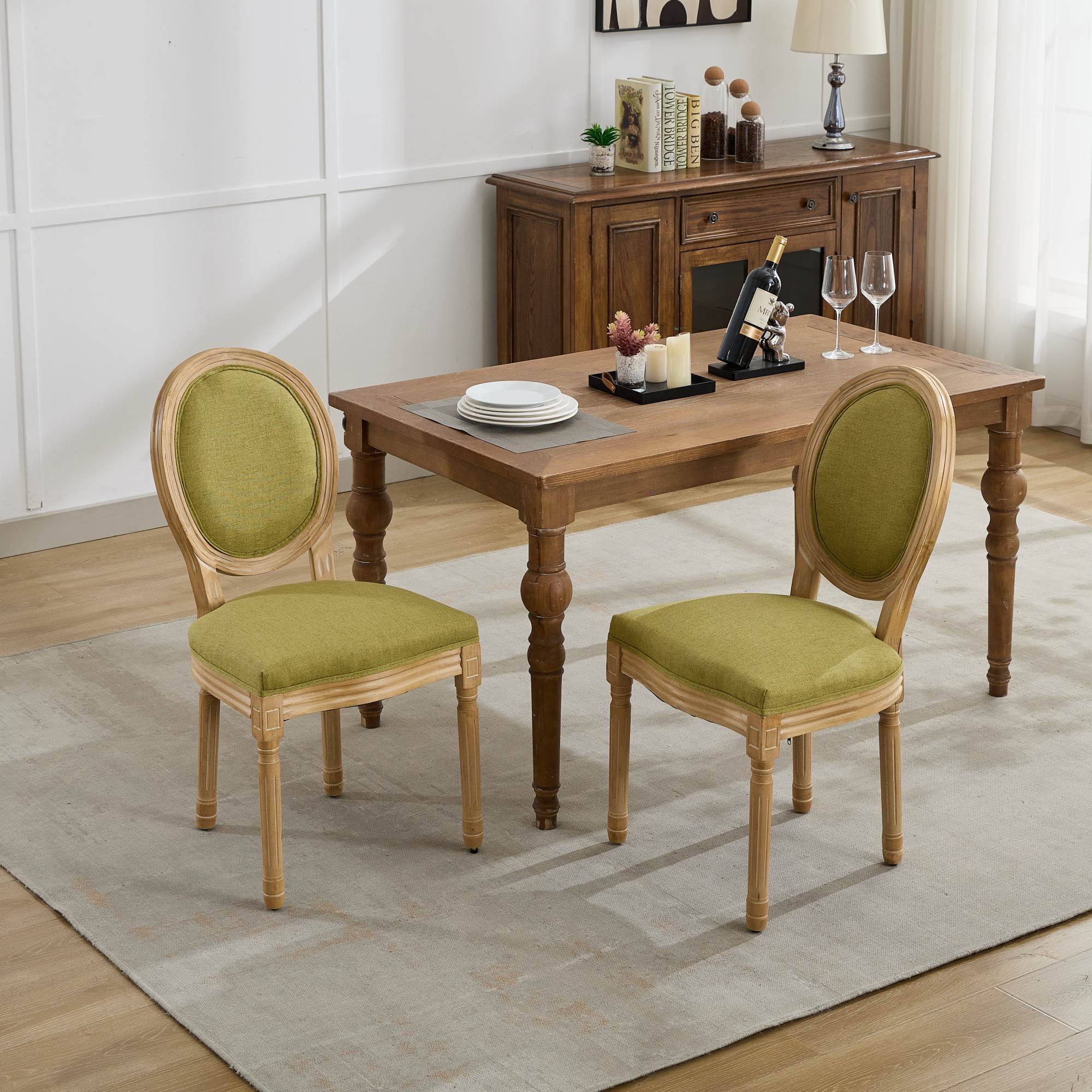 French Style Solid Wood Frame Linen Fabric Back Dining Chair (Set of 2)