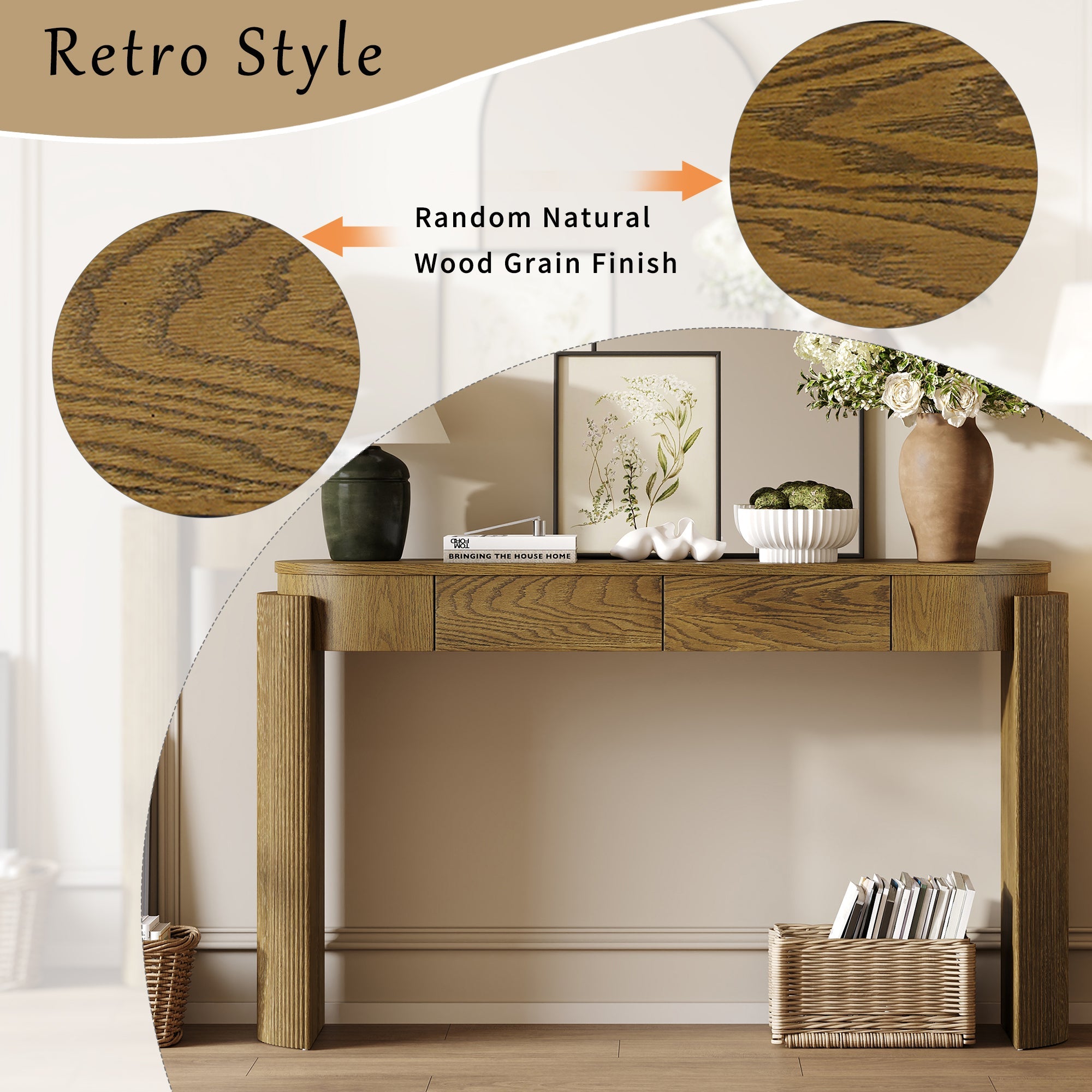 Natural Wood Console Table with Fluted Design