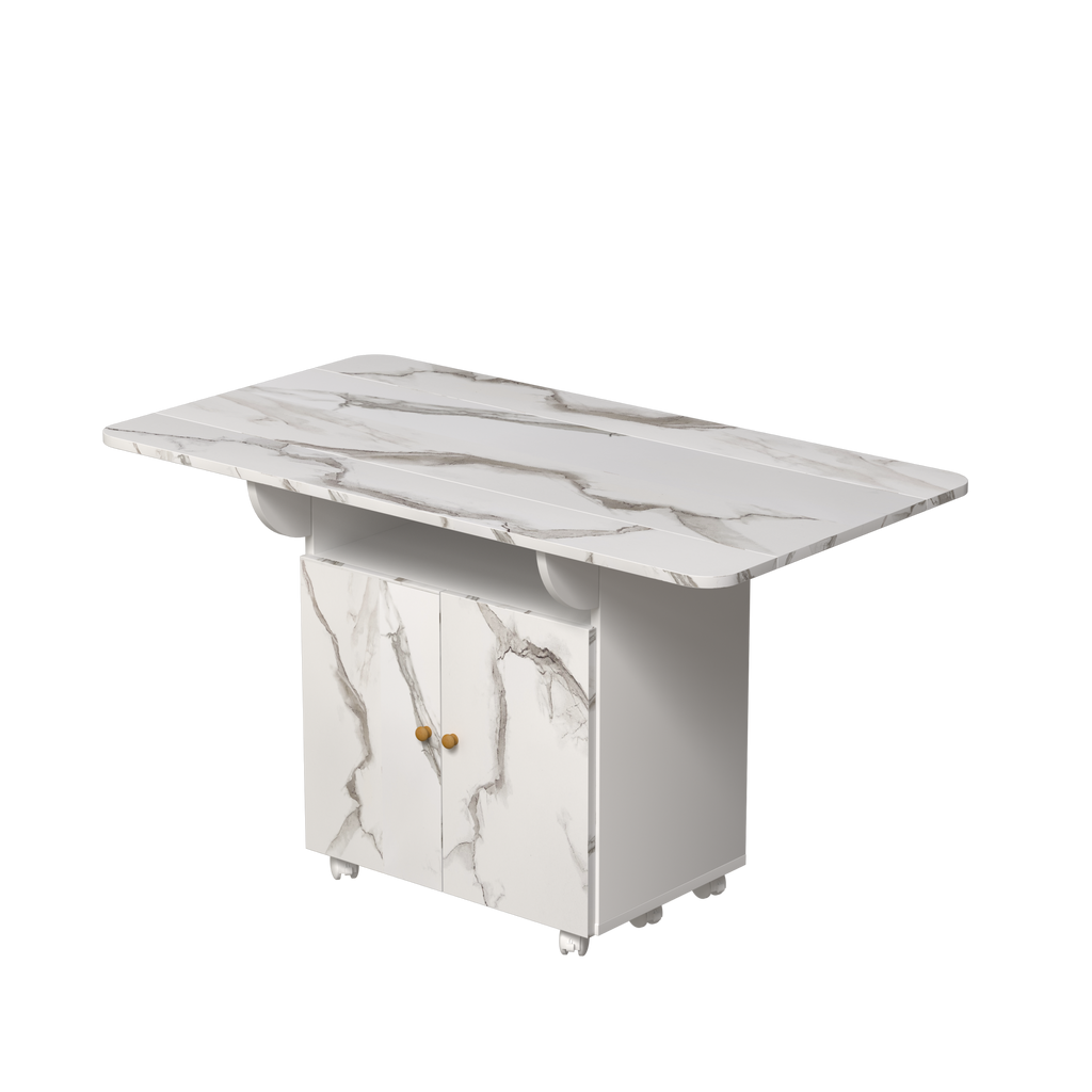 Versatile 47' White Marble MDF Folding Dining Table with Storage Rack and Cabinet