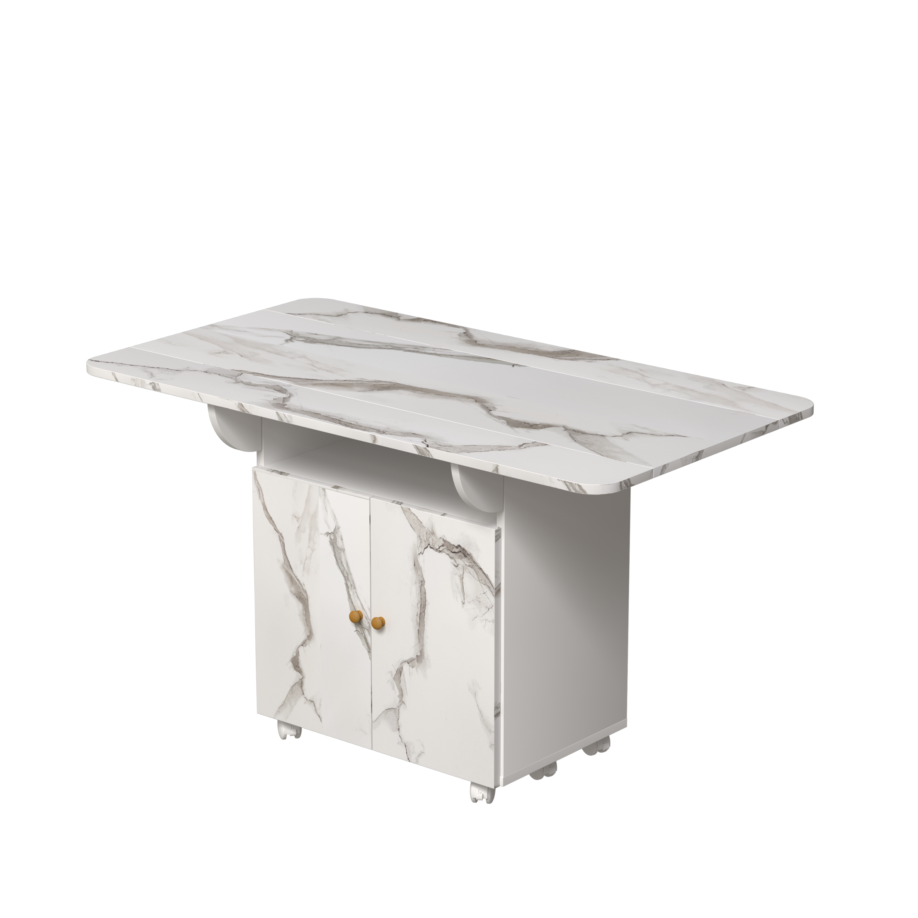 Versatile 47' White Marble MDF Folding Dining Table with Storage Rack and Cabinet