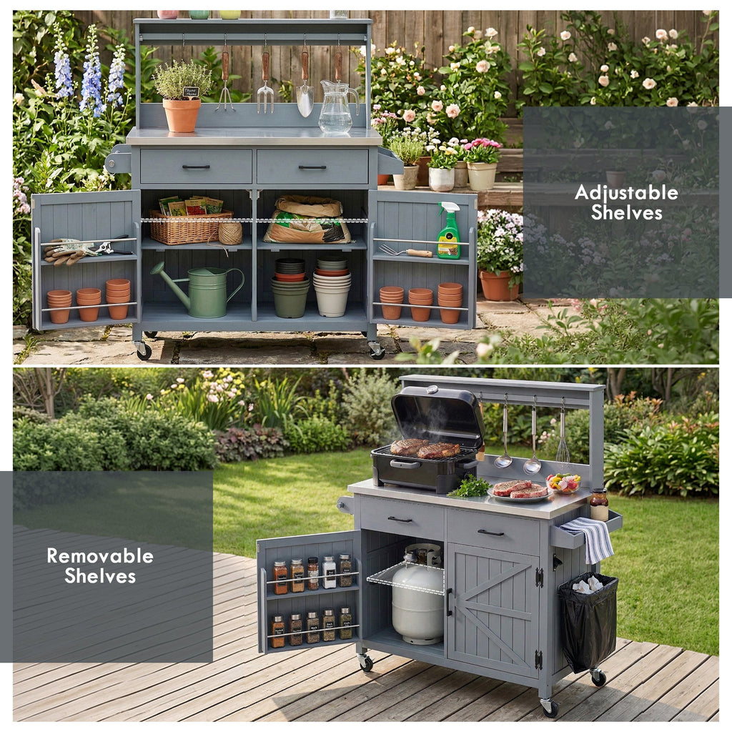 54.1" Outdoor Kitchen Island with High Shelf, Stainless Steel Top & Storage Cabinet