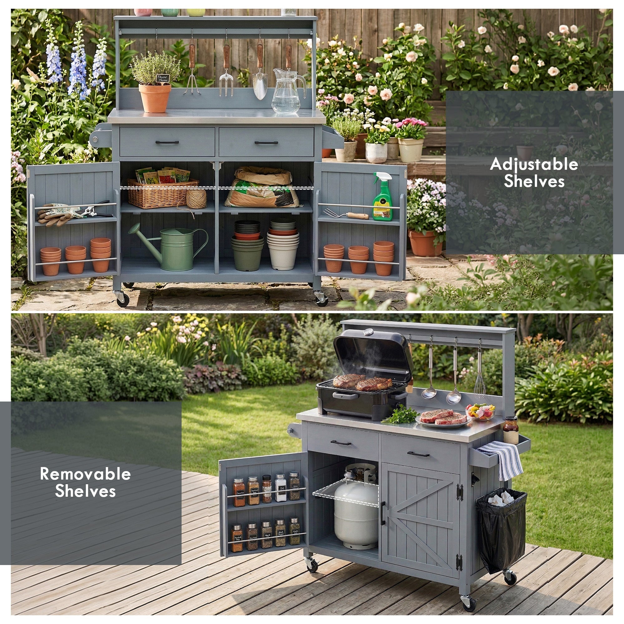 54.1" Outdoor Kitchen Island with High Shelf, Stainless Steel Top & Storage Cabinet