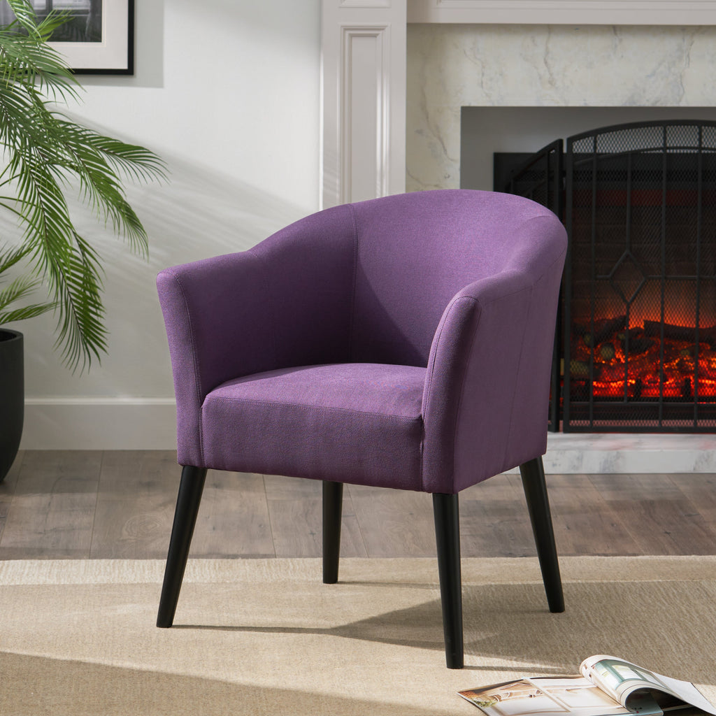 Plum Fabric Arm Chair with Wooden Legs and Cushioned Seat