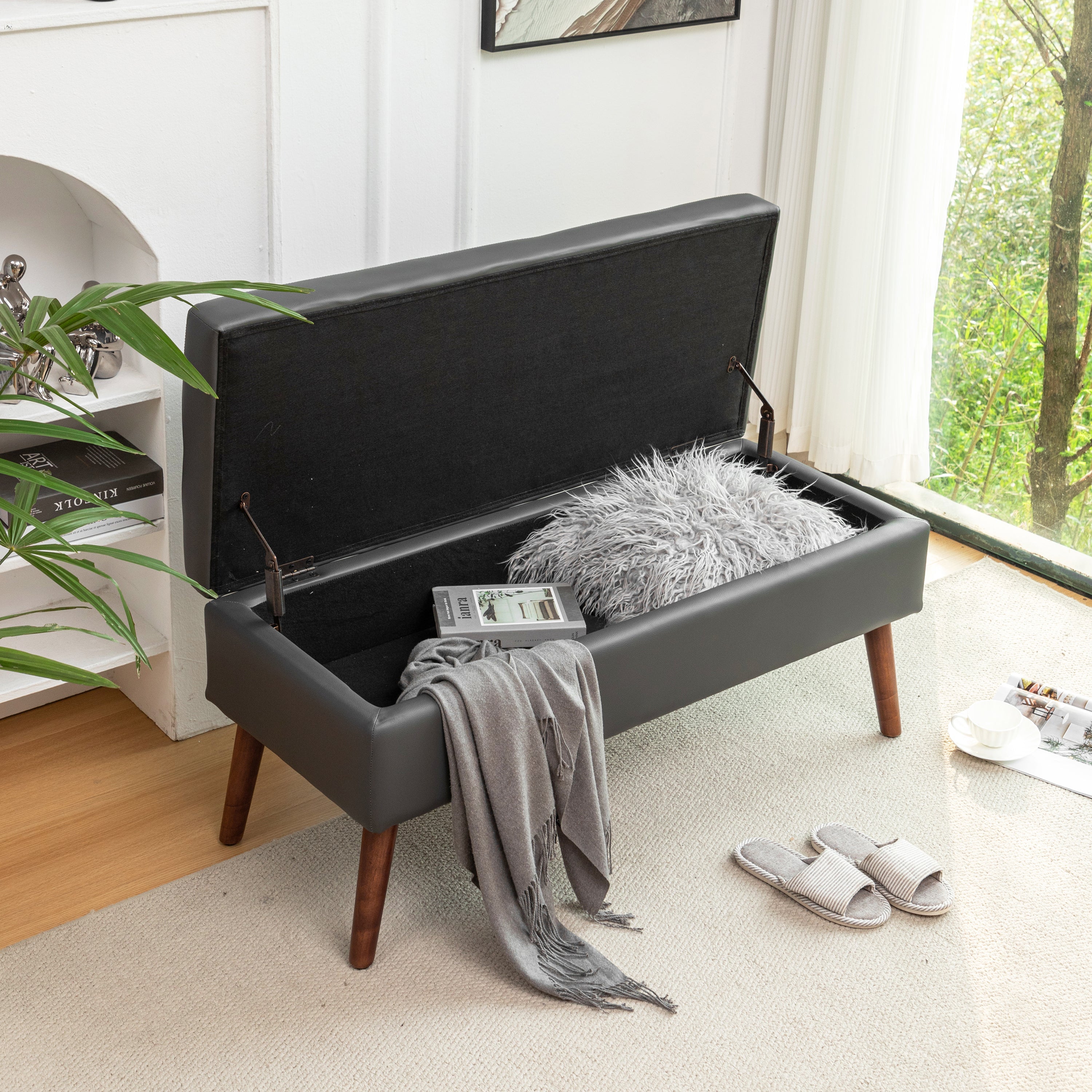 Brown PU Leather Storage Bench