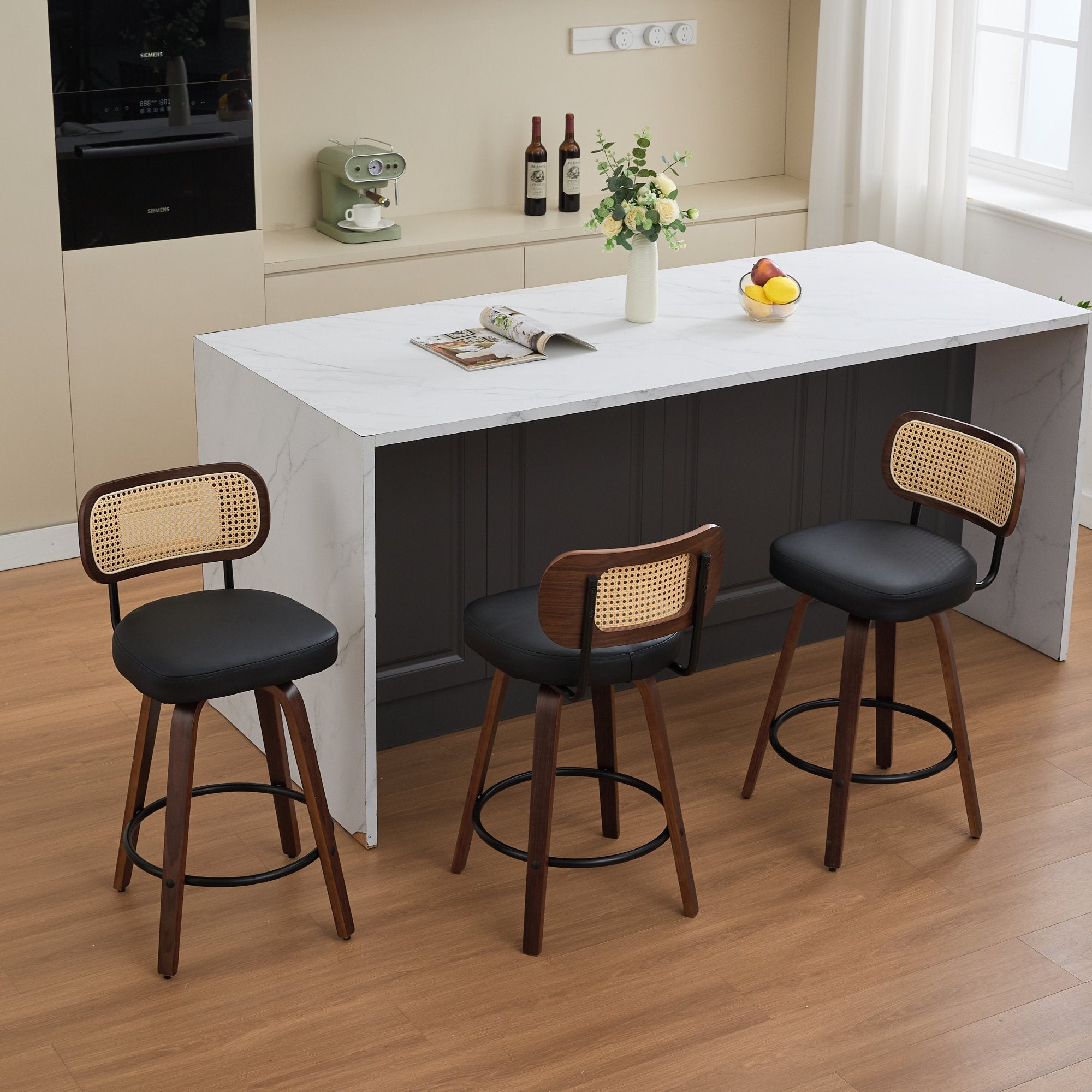 26 Inch Rattan Counter Height Stools with Cane Back (Set of 3)