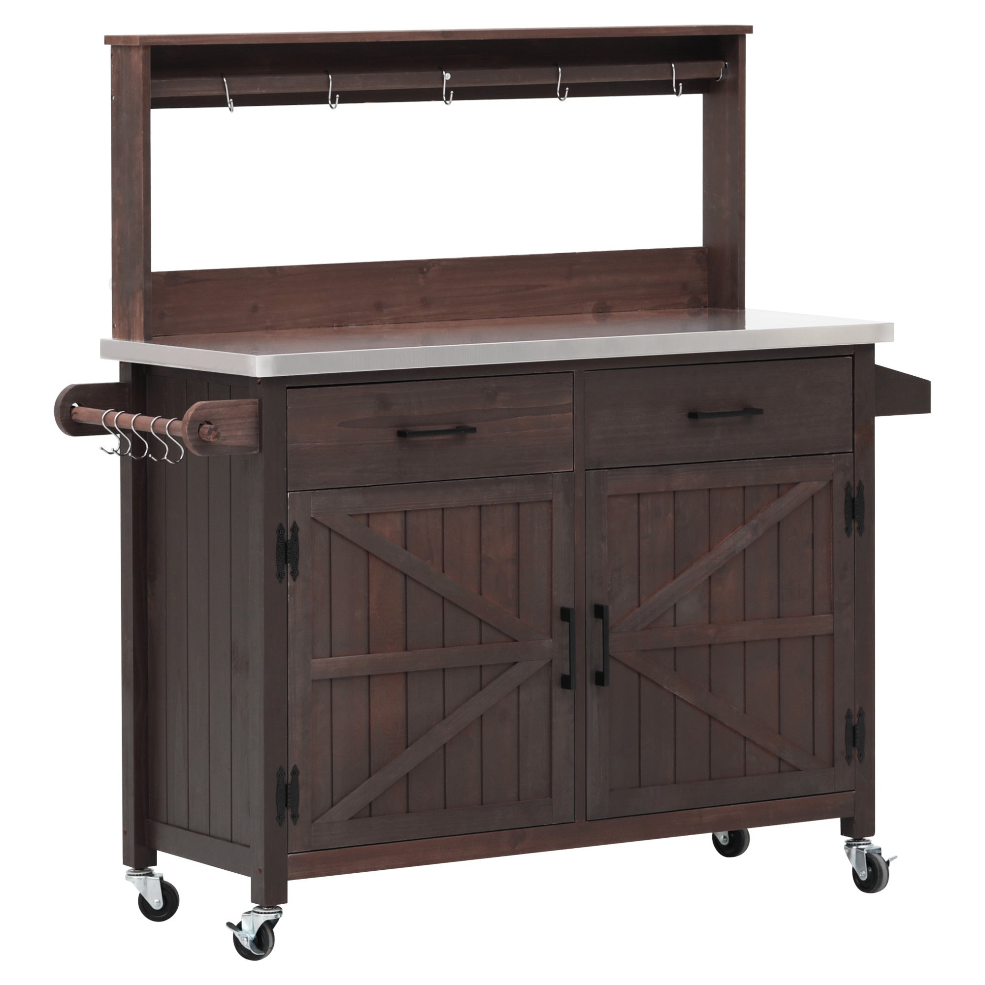 54.1" Outdoor Kitchen Island with High Shelf, Stainless Steel Top & Storage Cabinet