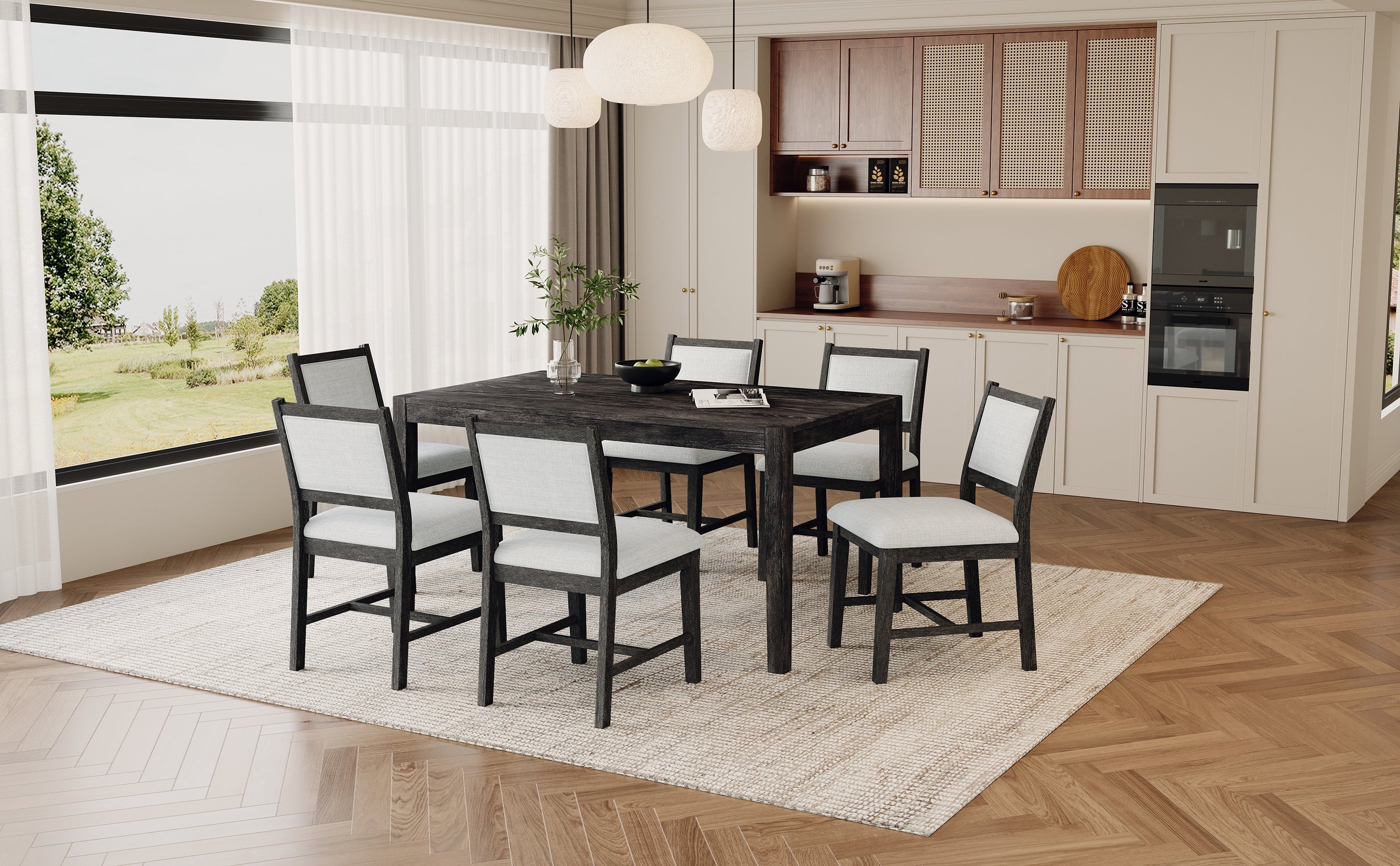 7-Piece Retro Rectangular Wood Dining Table Set