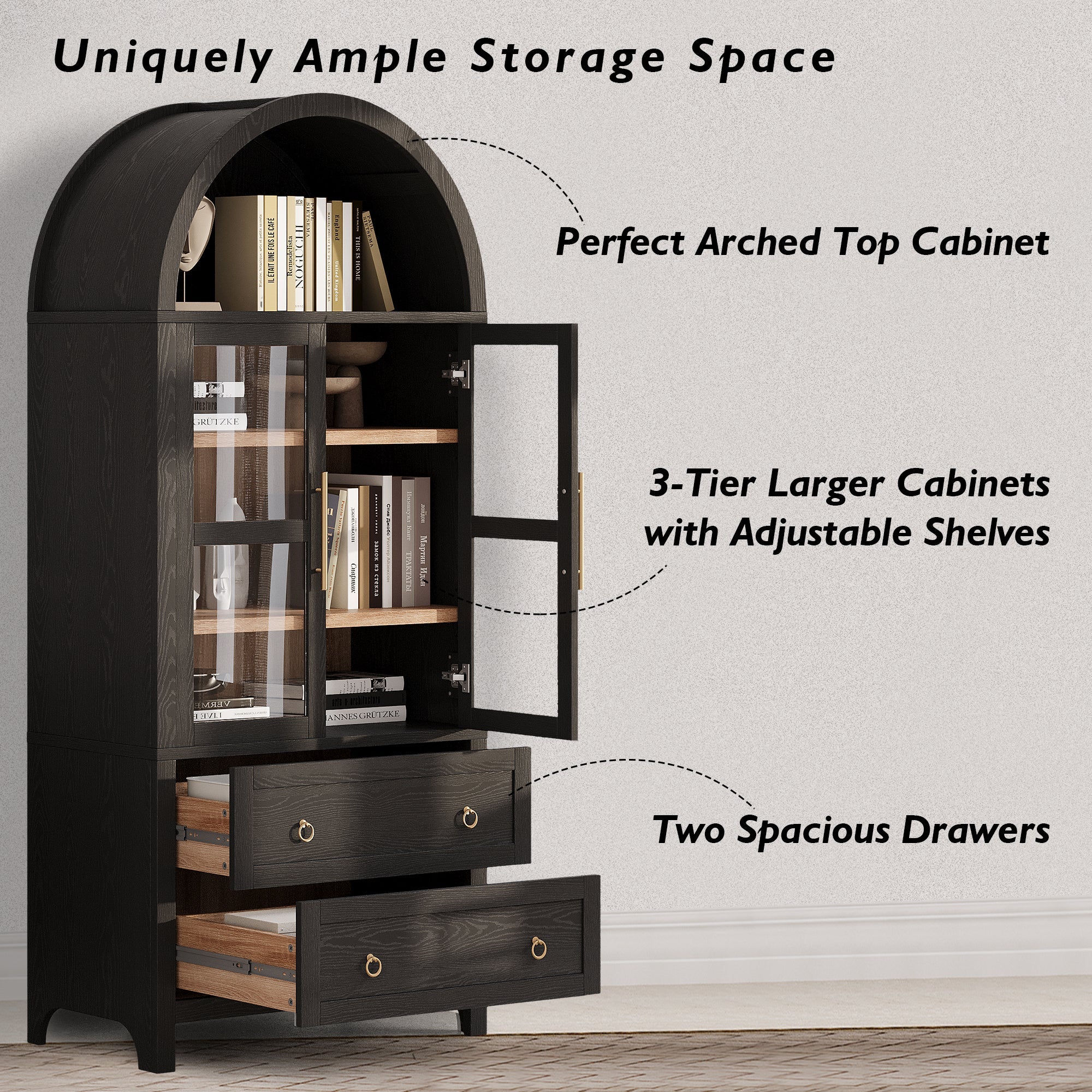 71” Tall Arched Modern Farmhouse Kitchen Pantry Cabinet with 2 Large Drawers
