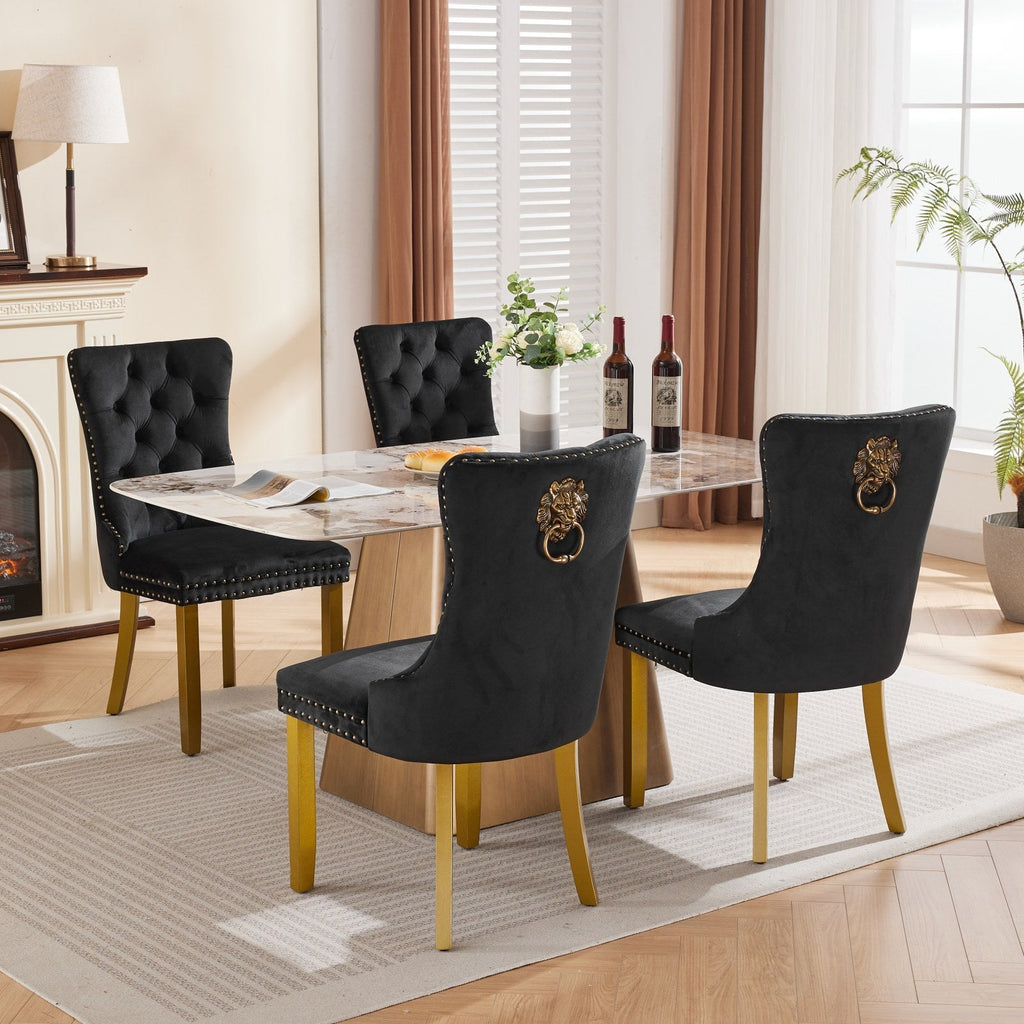 Mid-Century Velvet Dining Chairs with Lion Head Pull Ring (Set of 2)