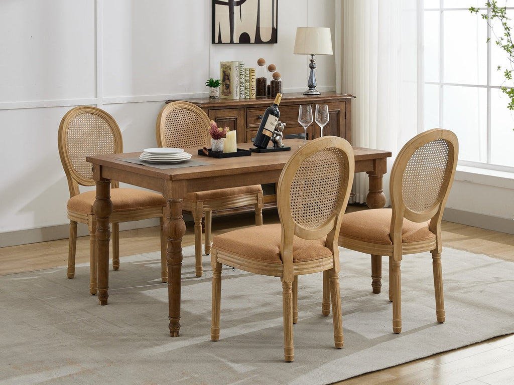 French Style Linen Fabric Rattan Back Dining Chairs (Set of 2)