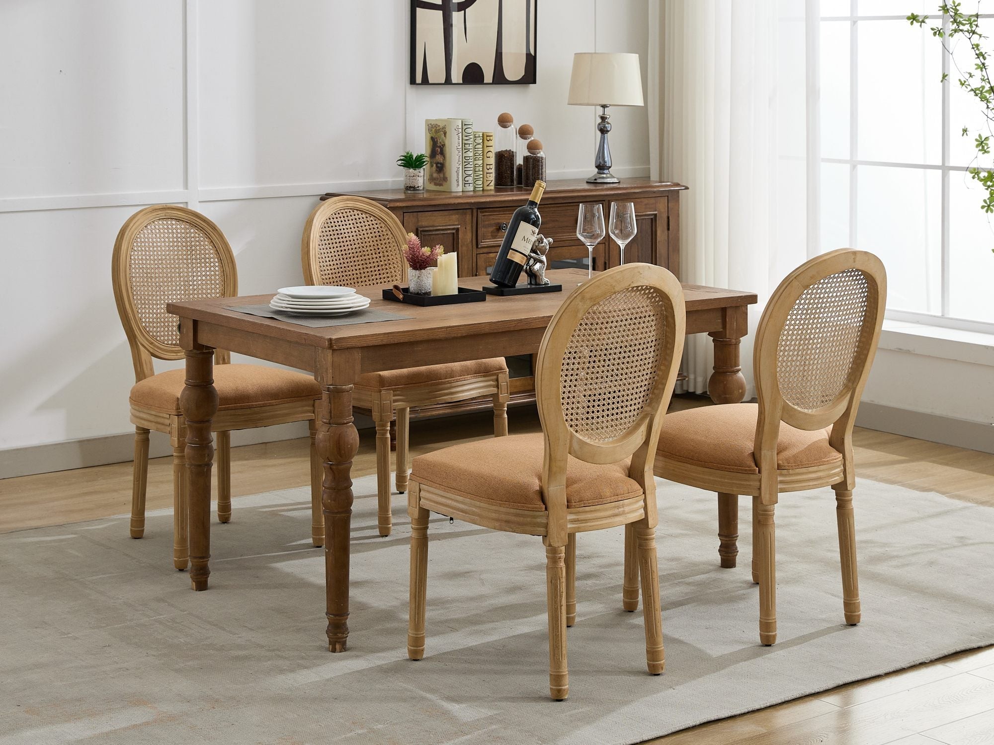 French Style Linen Fabric Rattan Back Dining Chairs (Set of 2)