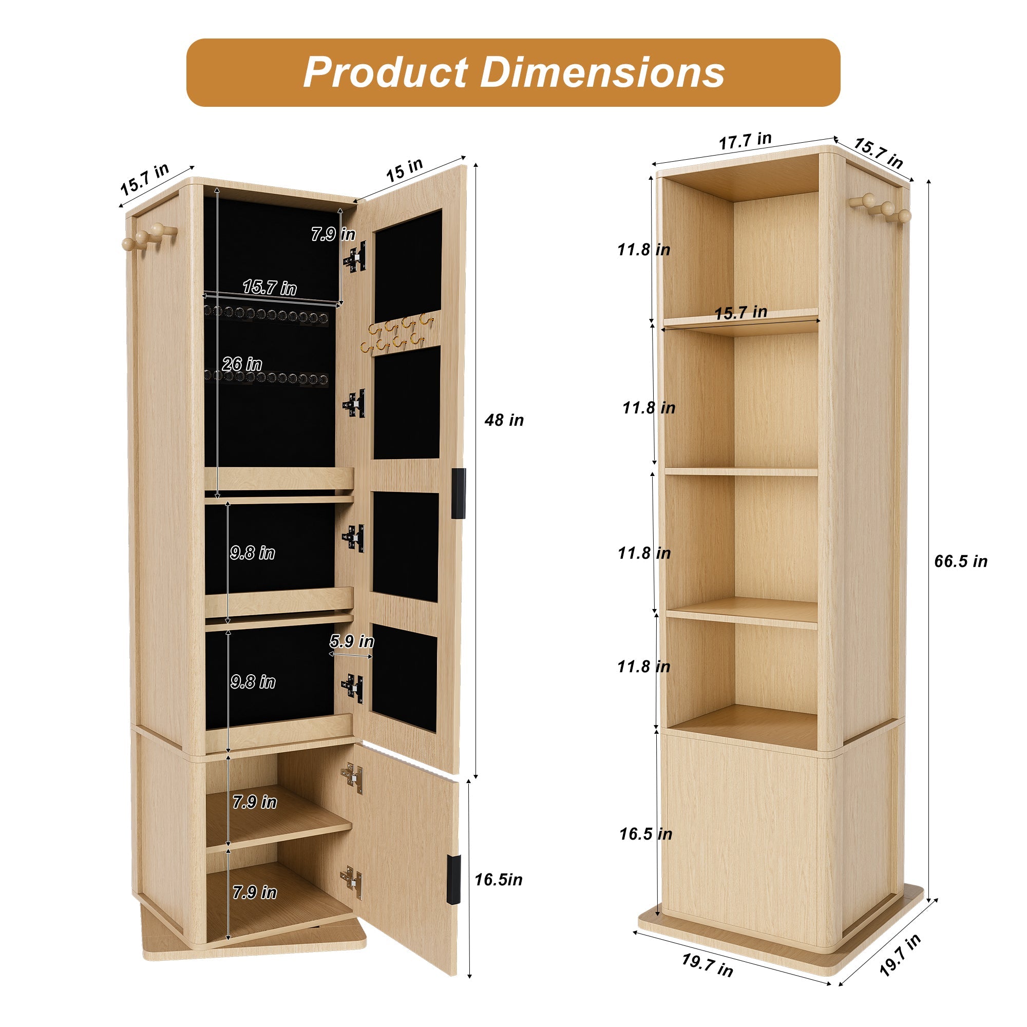 360° Rotating Makeup Cabinet with Full-Length Mirror and Jewelry Storage