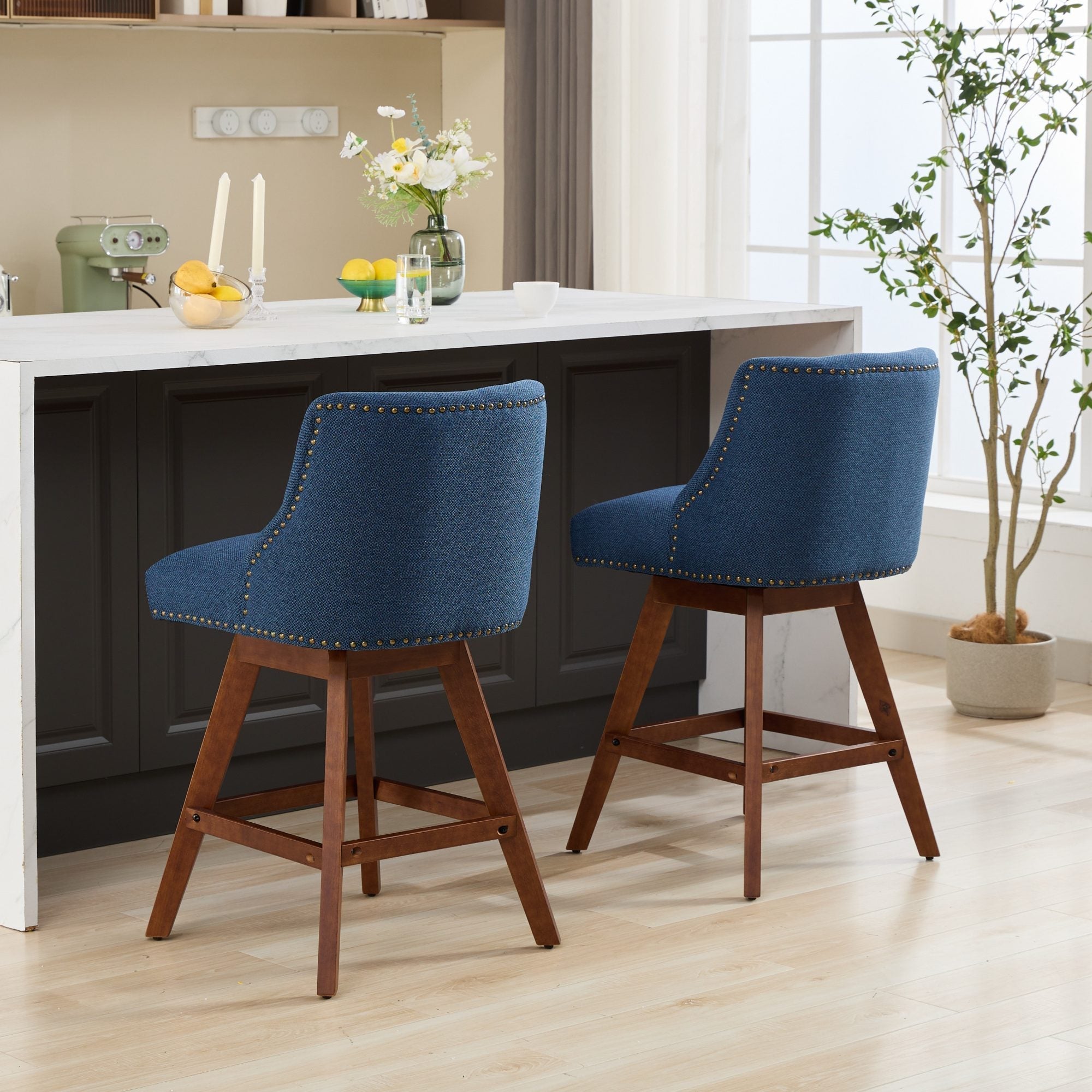 Upholstered Swivel Counter Height Bar Stools with Nailhead Trim (Set of 2)