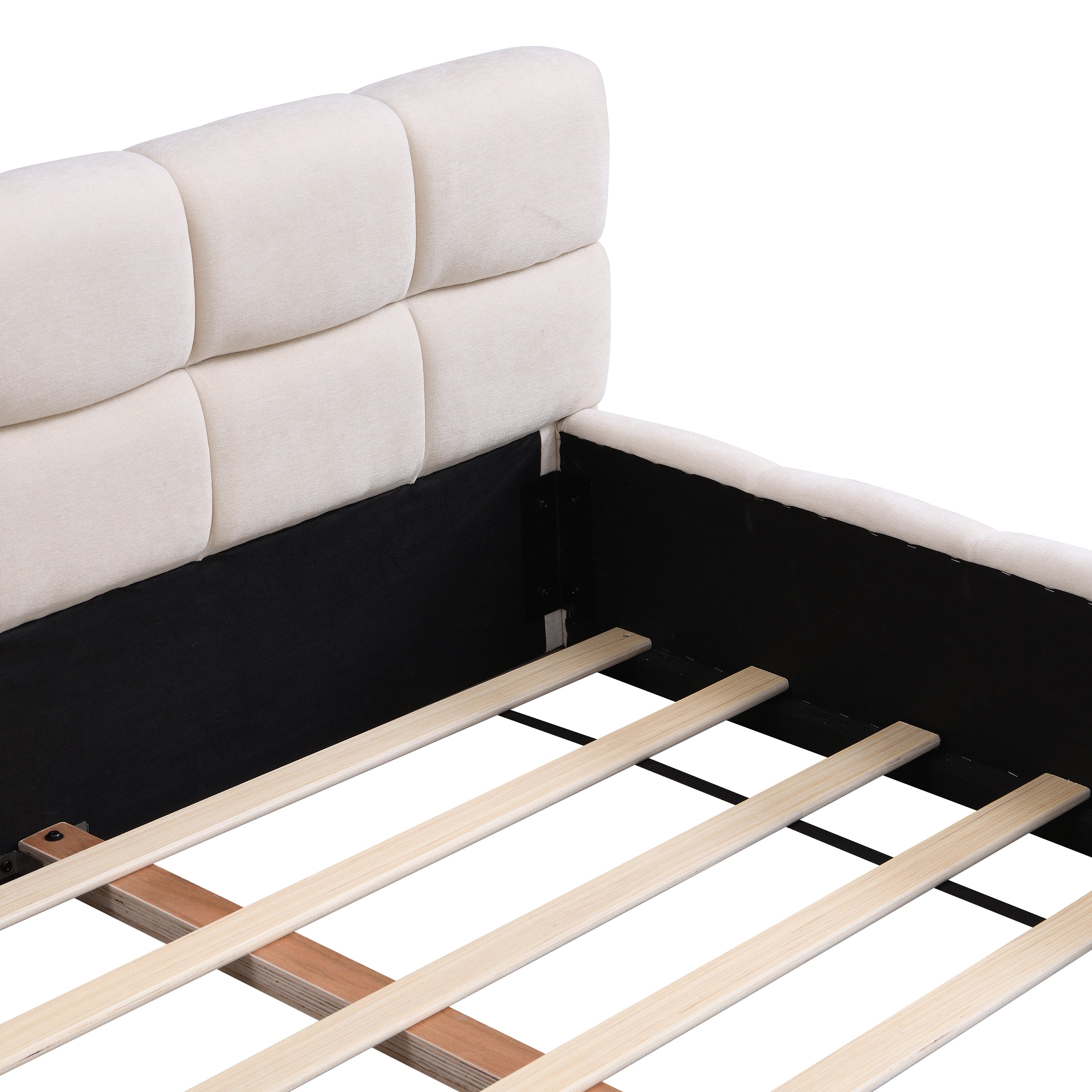 Elegant Beige Chenille Upholstered Bed with Checkerboard Design