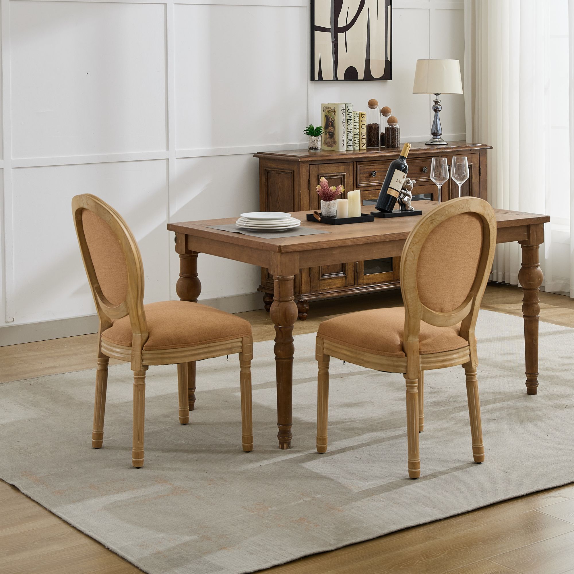 French Style Solid Wood Frame Linen Fabric Back Dining Chair (Set of 2)