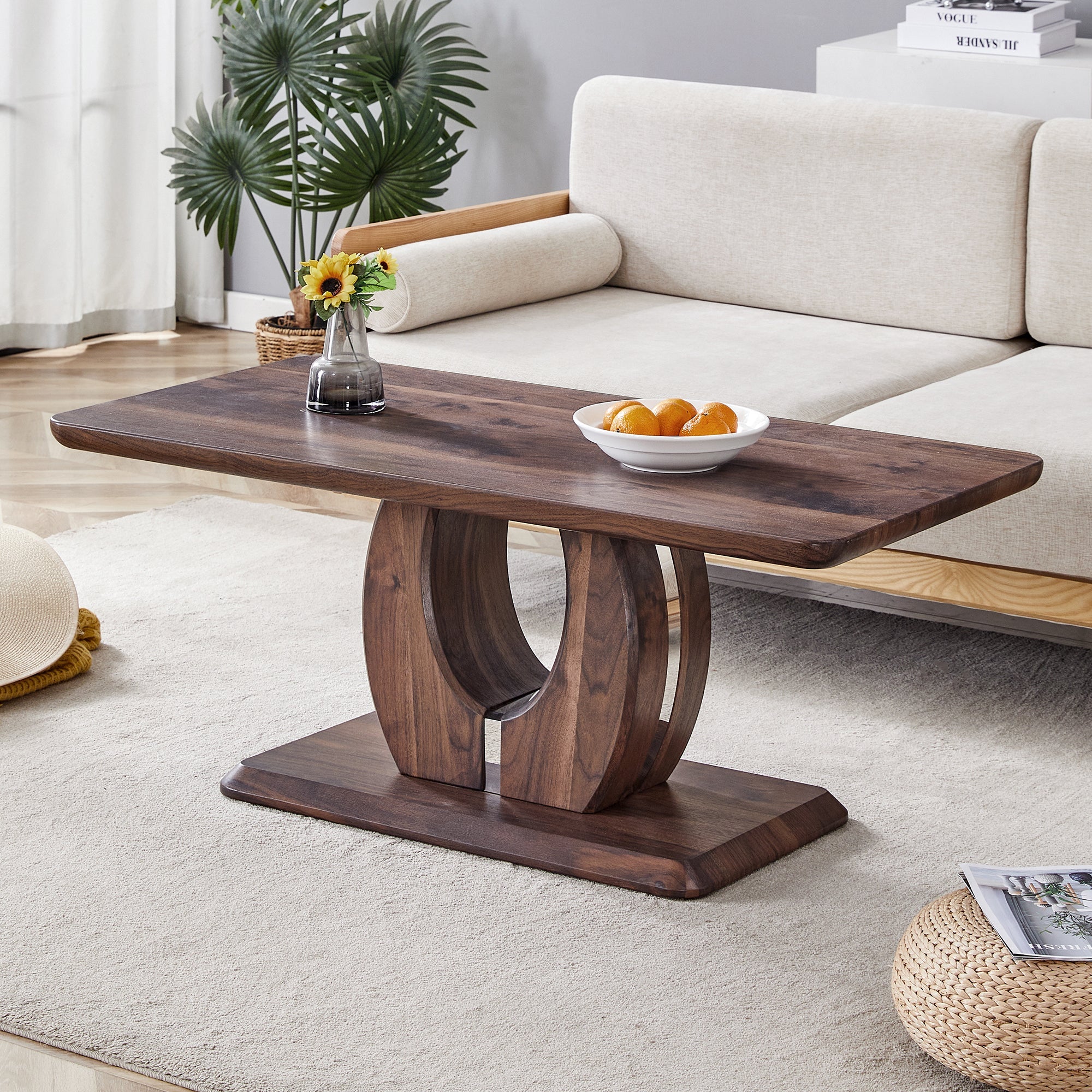 Modern Minimalist Walnut Dark Brown Rectangular Coffee Table