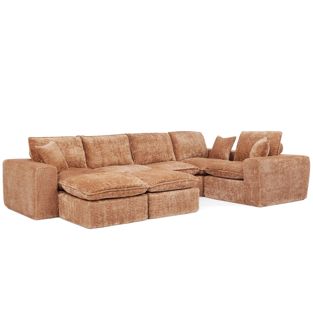 Modern Orange L-Shaped Sectional Sofa with 2 Ottomans Cloud-Like Modular Couch