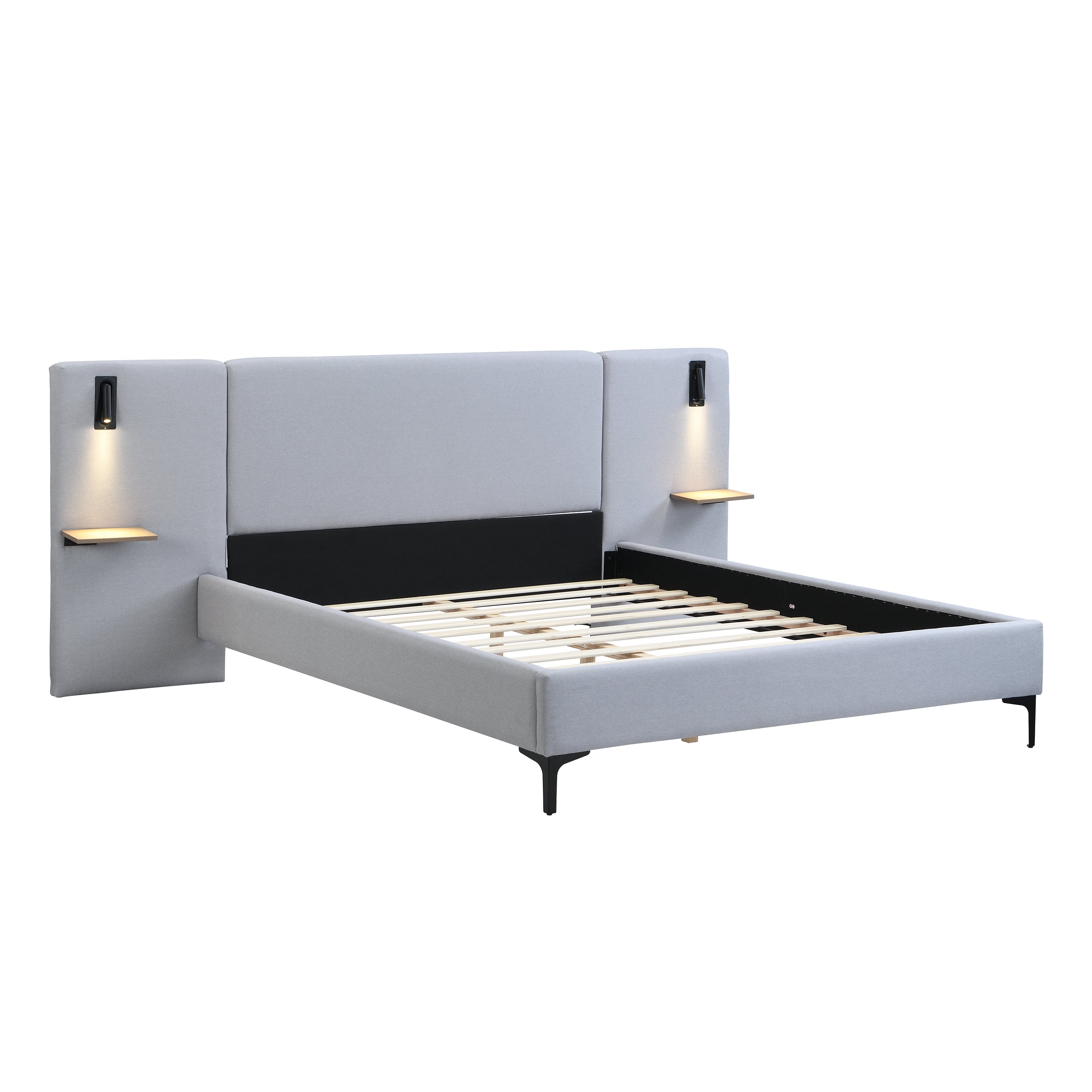 Chic Linen Upholstered Bed with Integrated Lights and Shelves