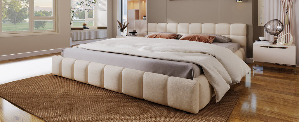 Elegant Beige Chenille Upholstered Bed with Checkerboard Design