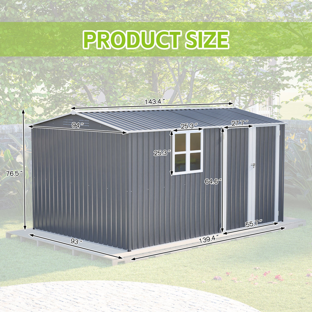 8x12ft Steel Storage Shed w/ Window, Hinged Doors, 4 Vents for Yard/Garden/Patio