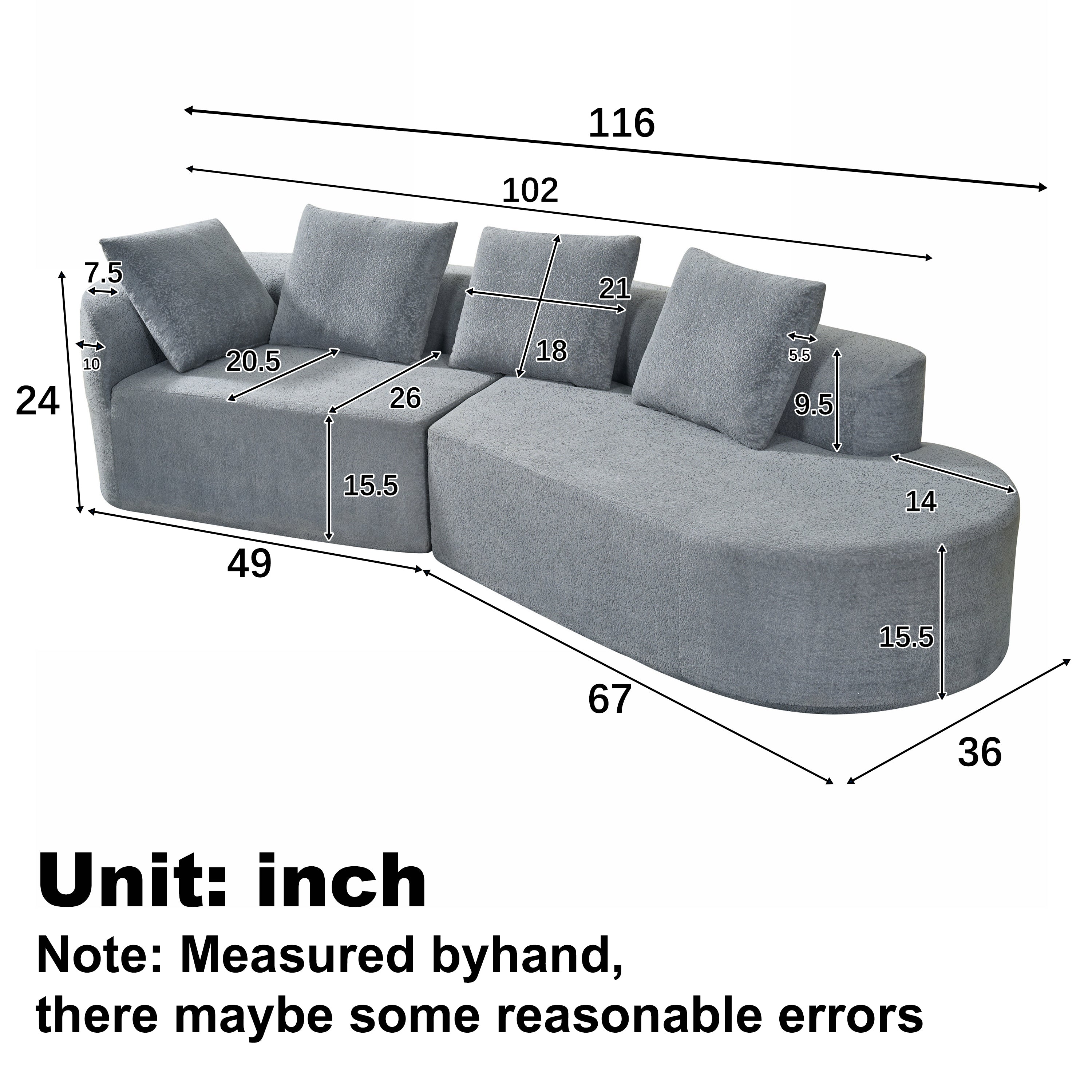 116' Modern Curved Sectional Sofa for Living Room