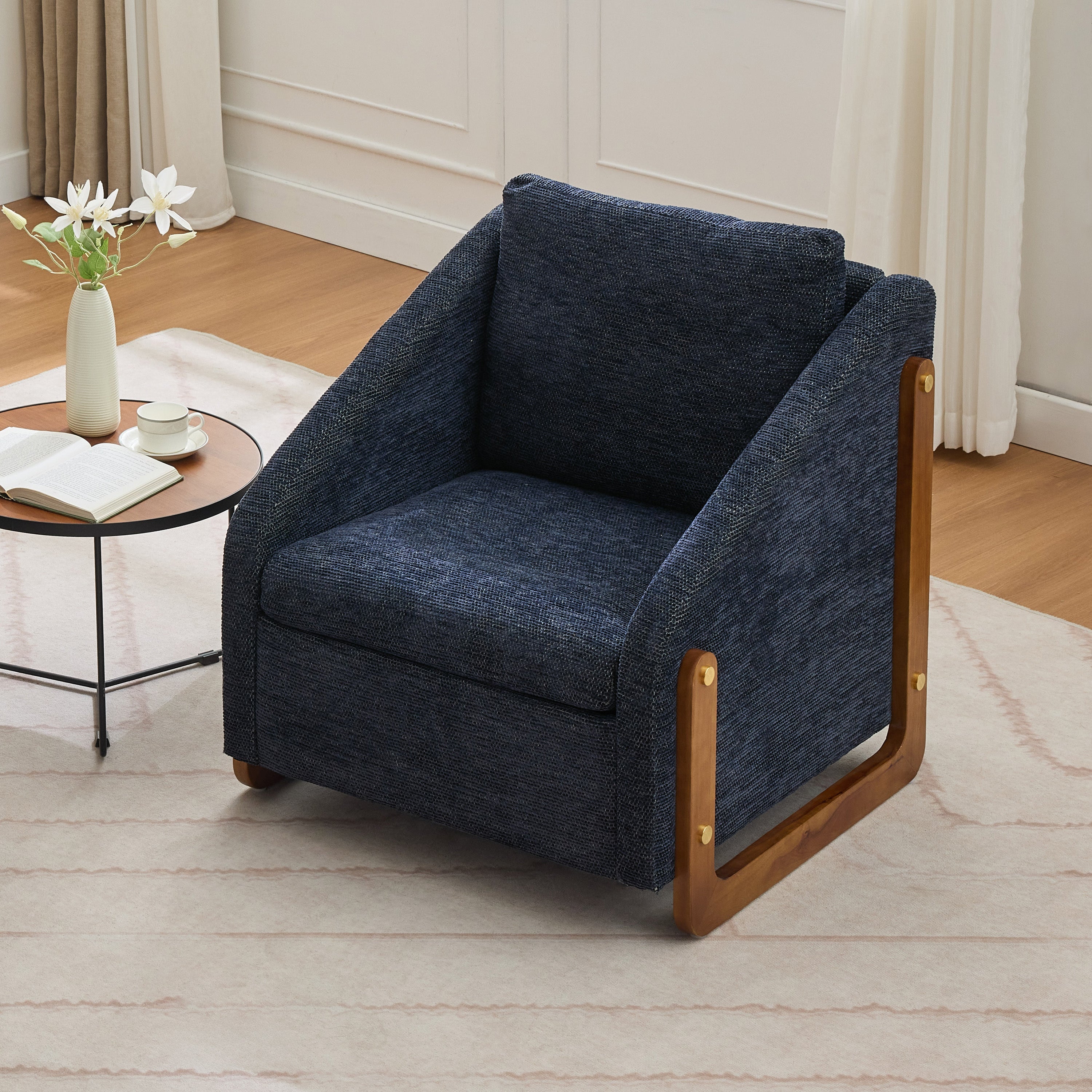 Modern Upholstered Armchair with Wooden Side Frame