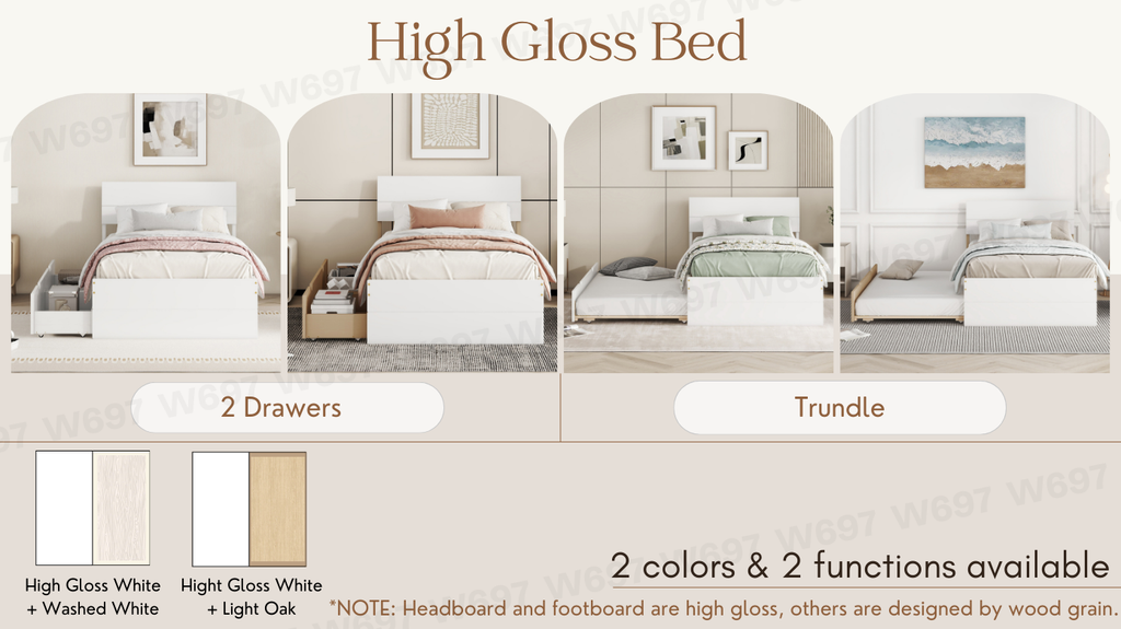 Modern Twin Bed Frame for White High Gloss Headboard and Footboard