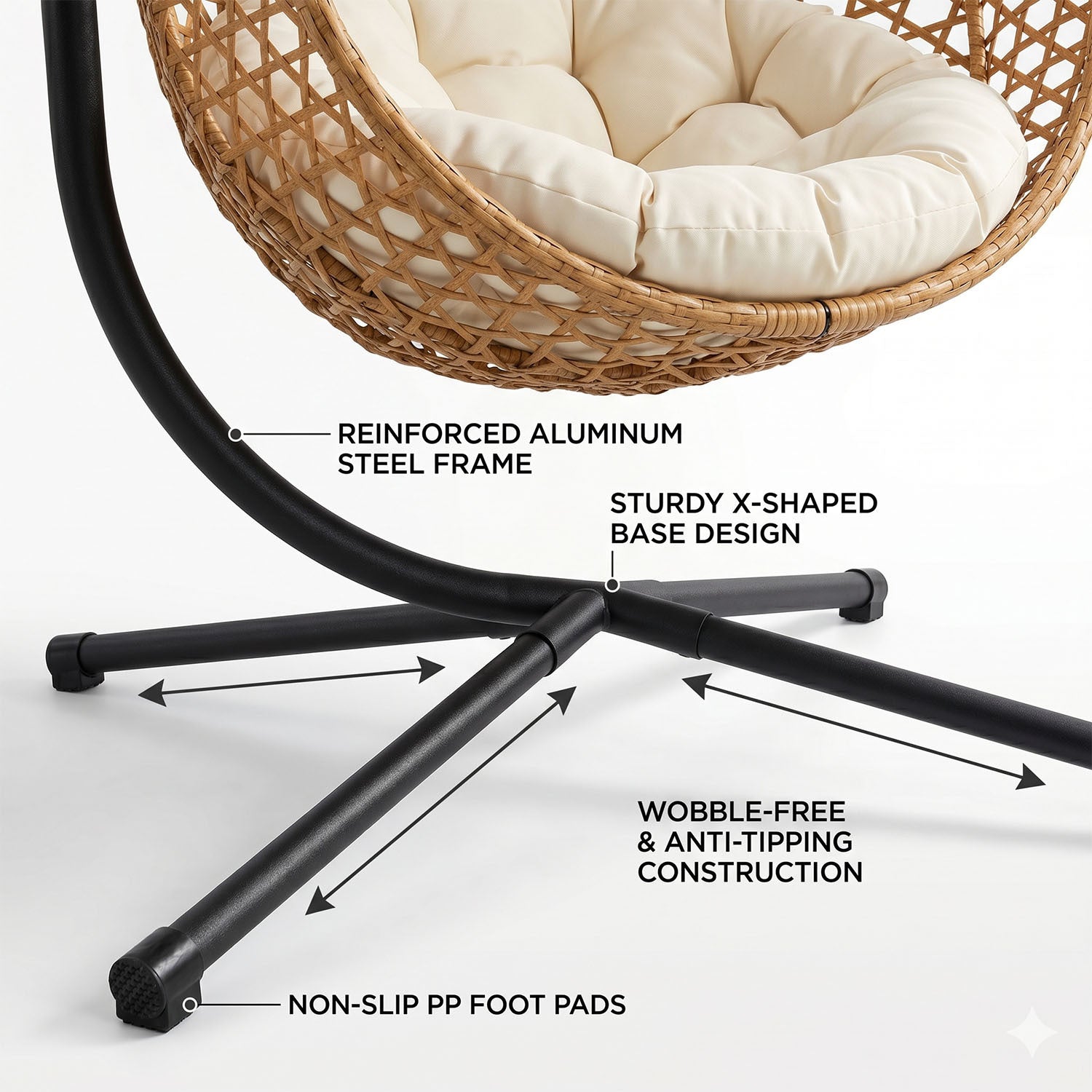 Folding PE Rattan Hanging Egg Chair with Aluminum Steel Frame
