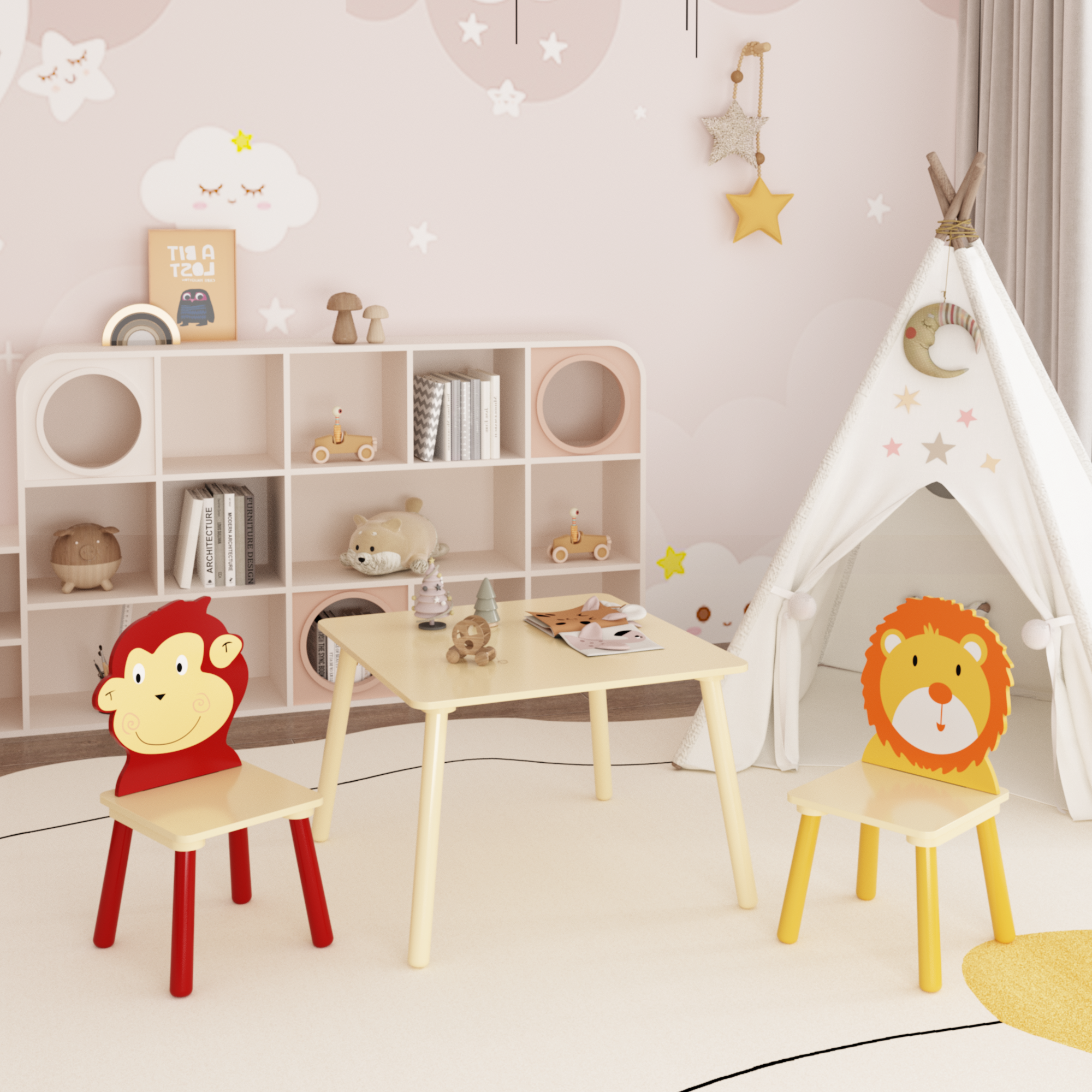 Kids Wooden Table and 2 Chairs Set